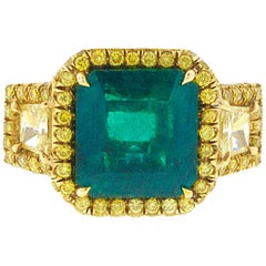 AGL Certified 3.53 Carat Colombian Emerald and Yellow Diamond Engagement Ring