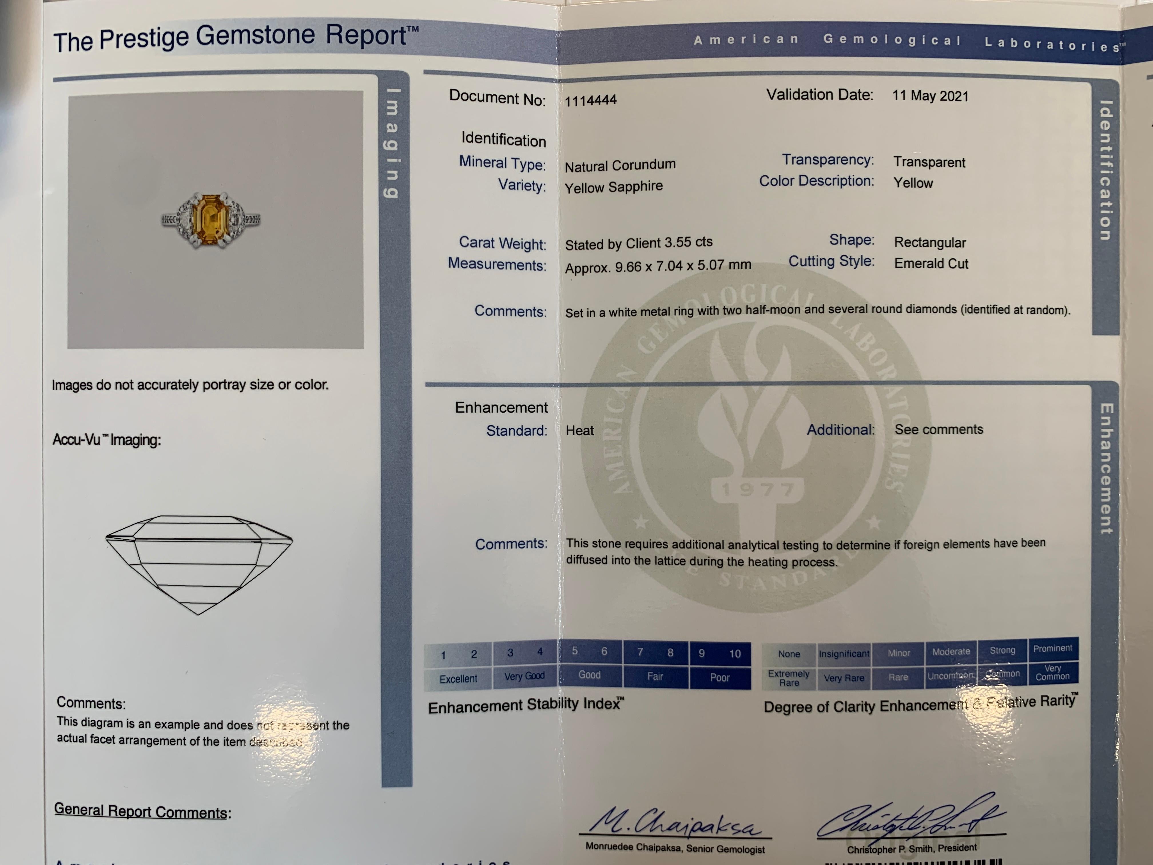 Women's AGL Certified 3.55 Carat Emerald Cut Yellow Sapphire & Half Moon Diamond Ring