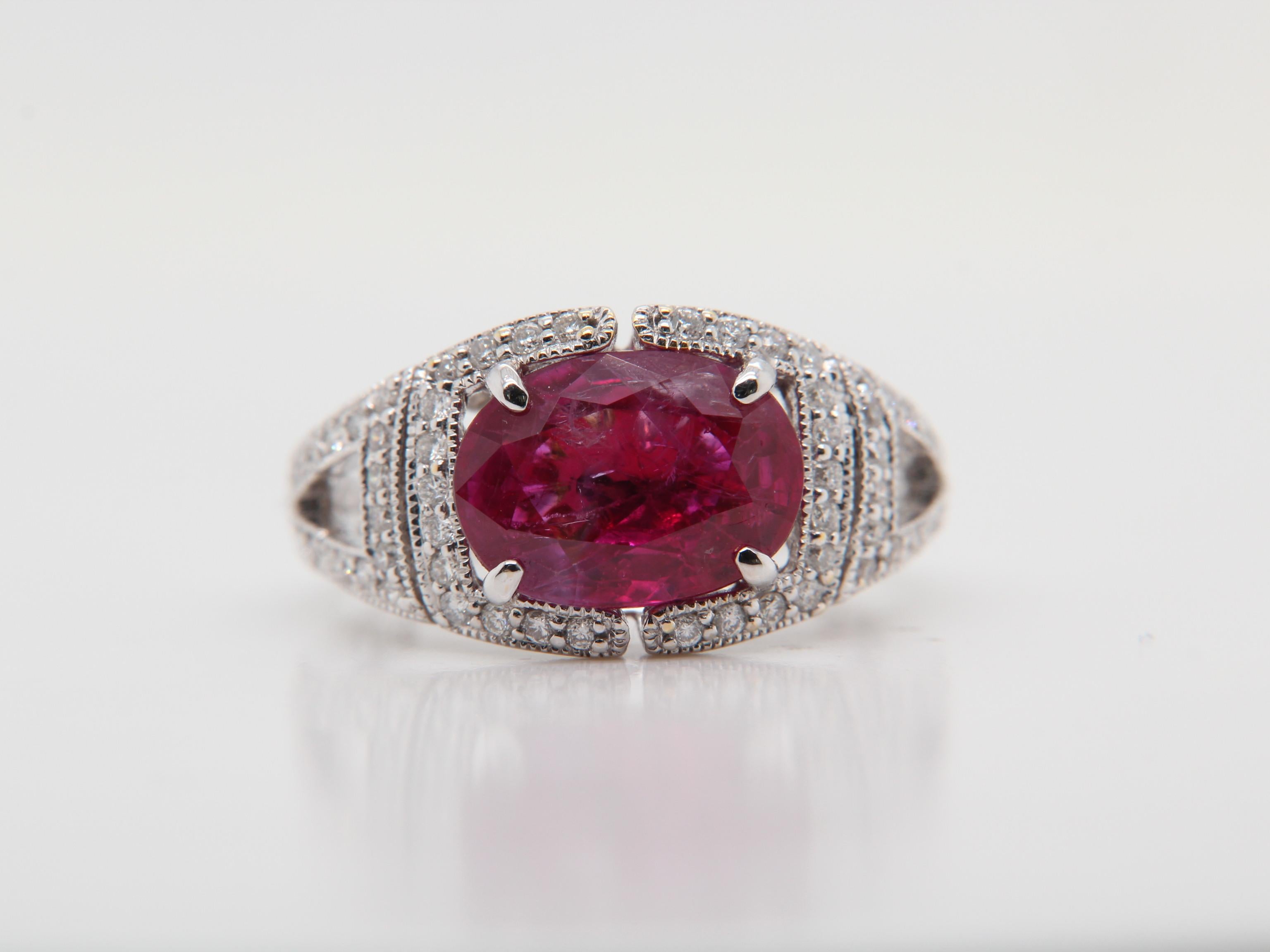 AGL Certified 3.56 Carat Burma Ruby No Heat and Diamond Ring in 18 Karat Gold For Sale
