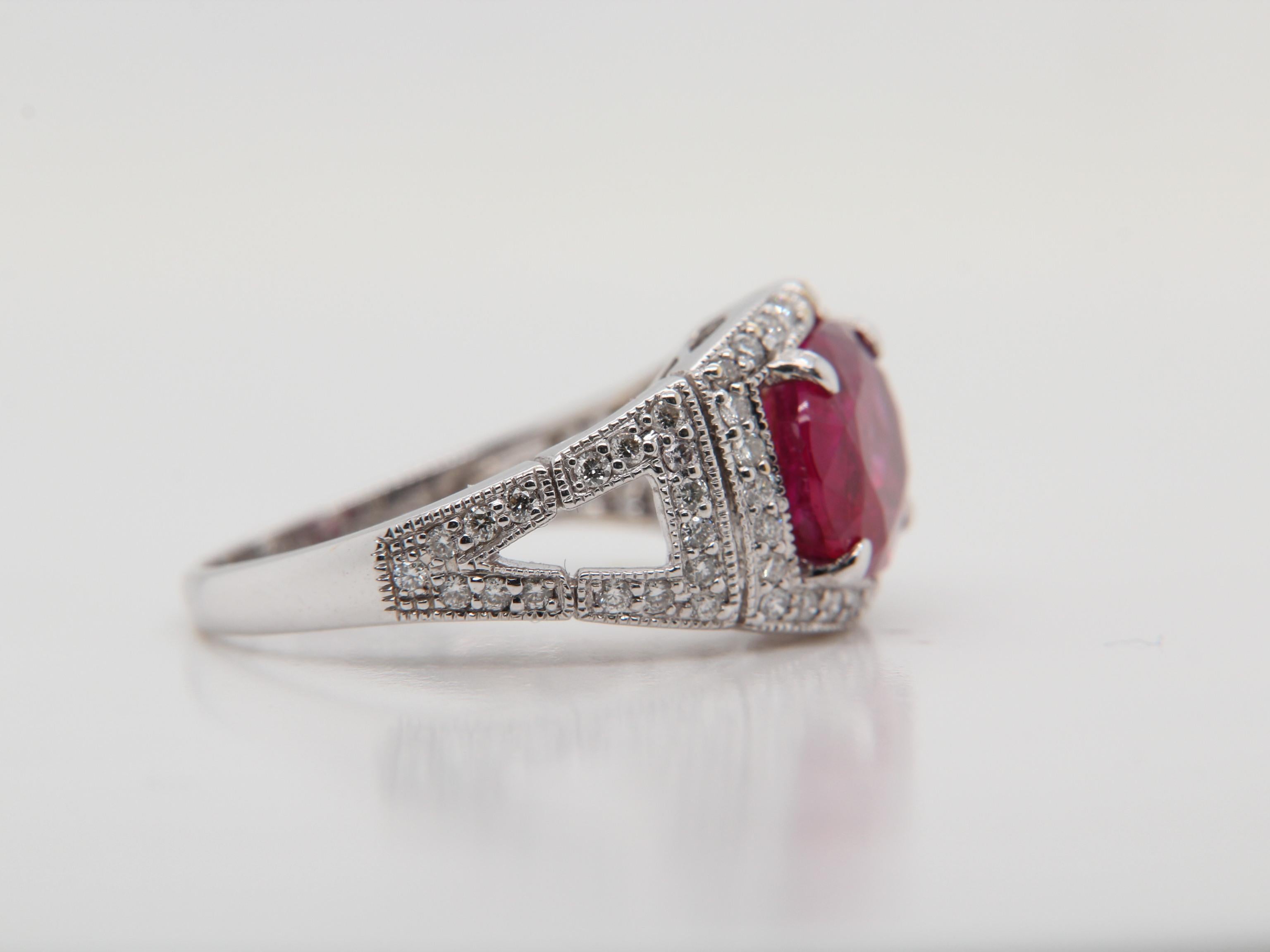 Oval Cut AGL Certified 3.56 Carat Burma Ruby No Heat and Diamond Ring in 18 Karat Gold For Sale