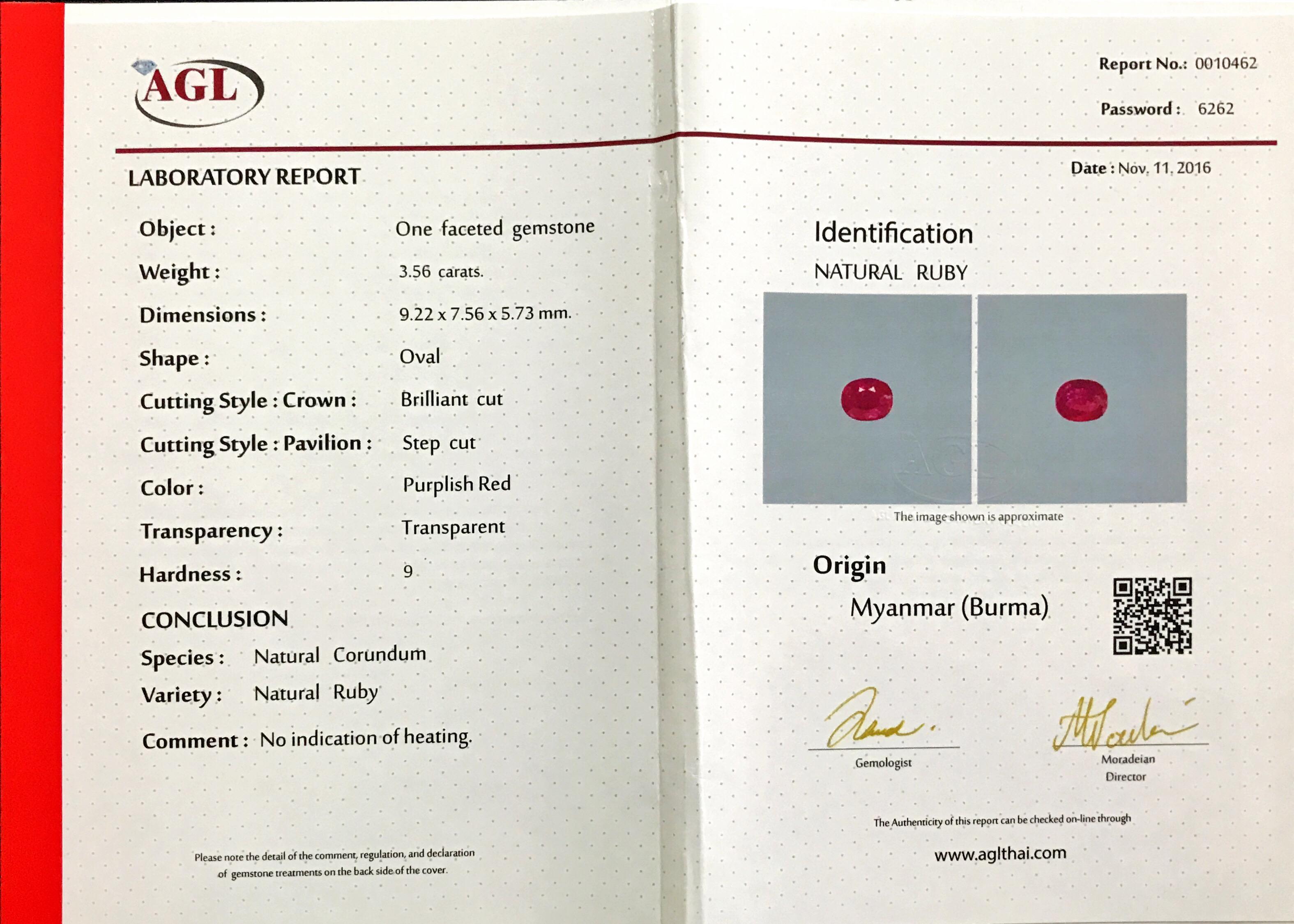 Women's or Men's AGL Certified 3.56 Carat Burma Ruby No Heat and Diamond Ring in 18 Karat Gold For Sale