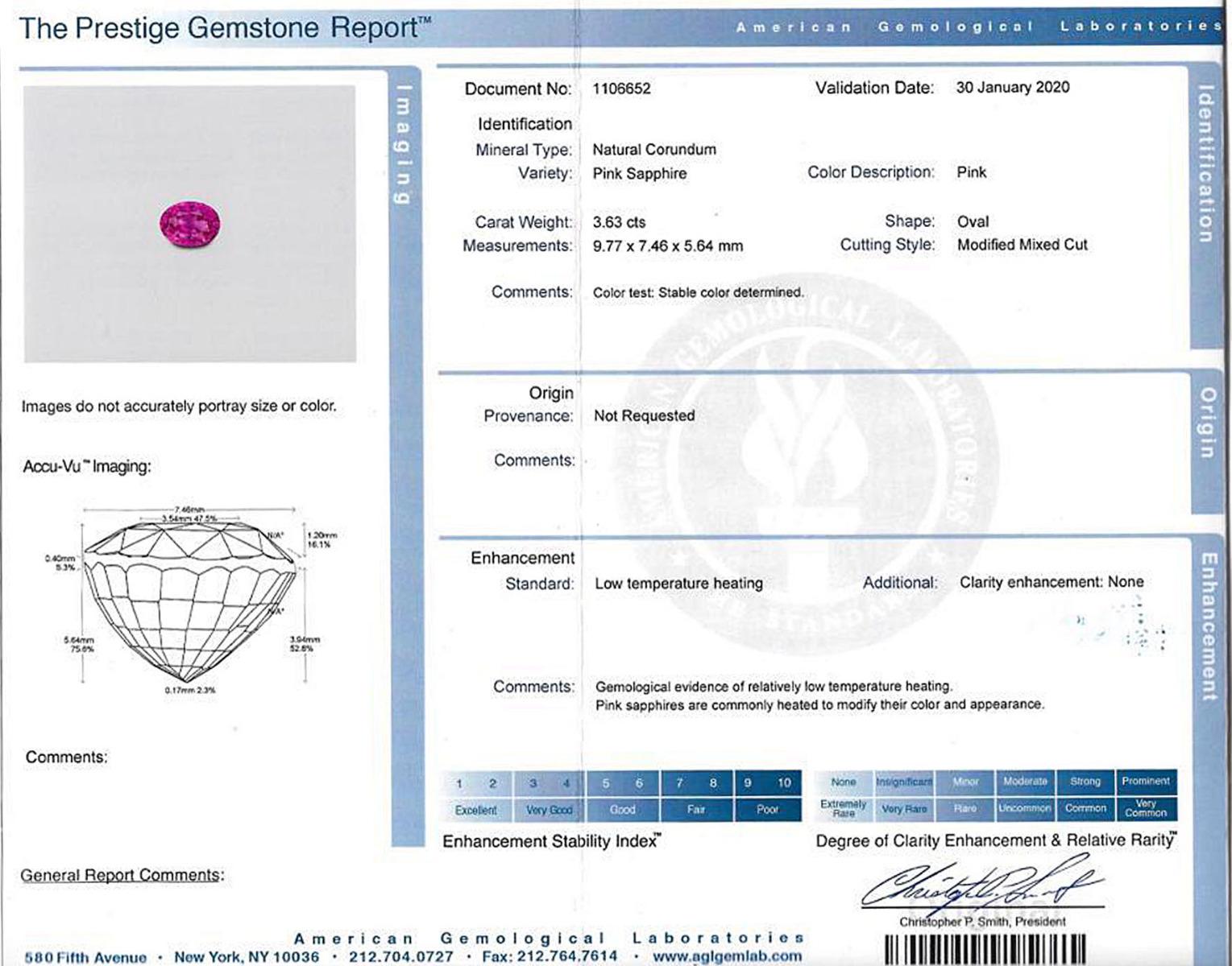 Identification: Natural Pink Sapphire

• Carat: 3.63 carats
• Shape: Oval
• Measures: 9.77 x 7.46 x 5.64 mm
• Color: Pink
• Cut: Modified Mixed Cut
• Treatment: Heated

Associated to royalty and luxury, this pink, heated Sapphire has an enduring