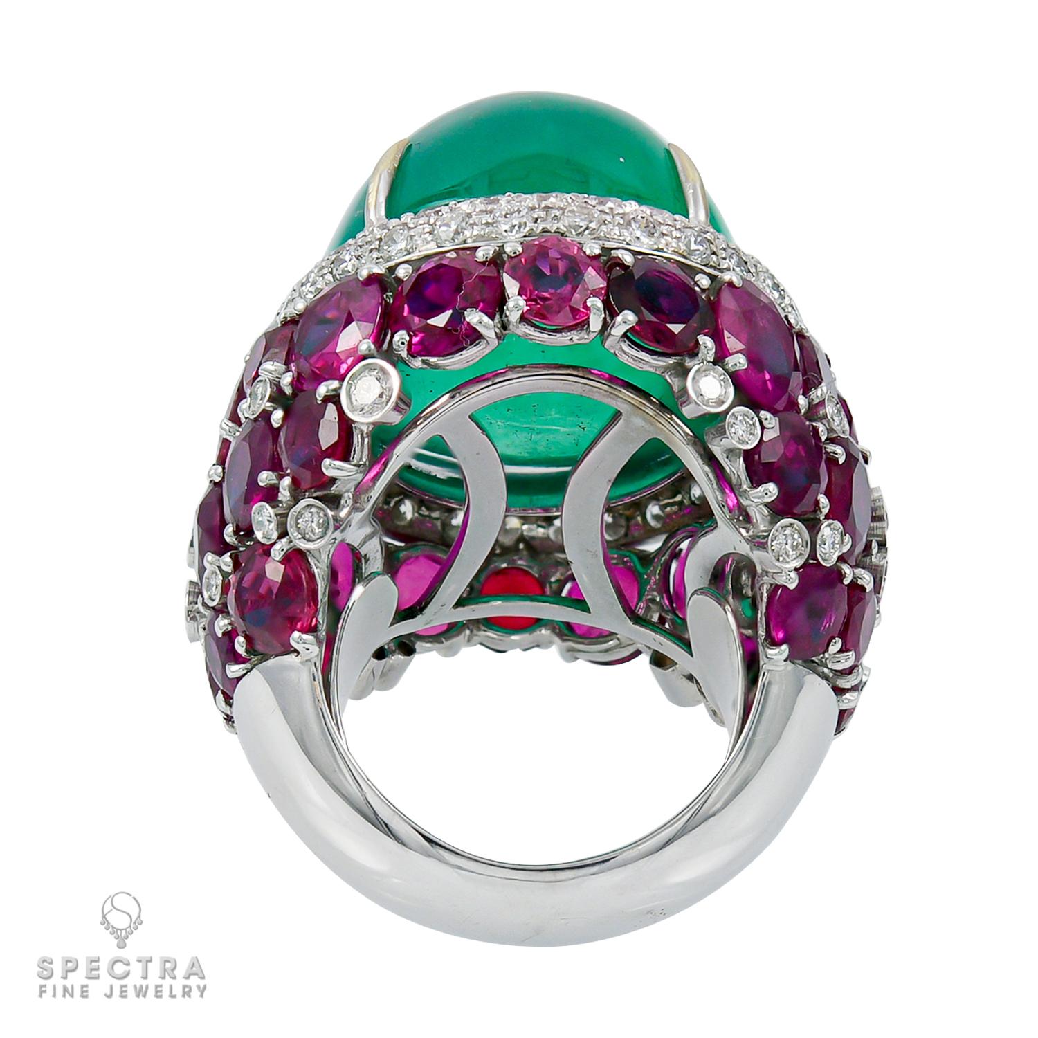 AGL Certified 37 Carat Cabochon Emerald Ruby Cocktail Ring In Excellent Condition For Sale In New York, NY