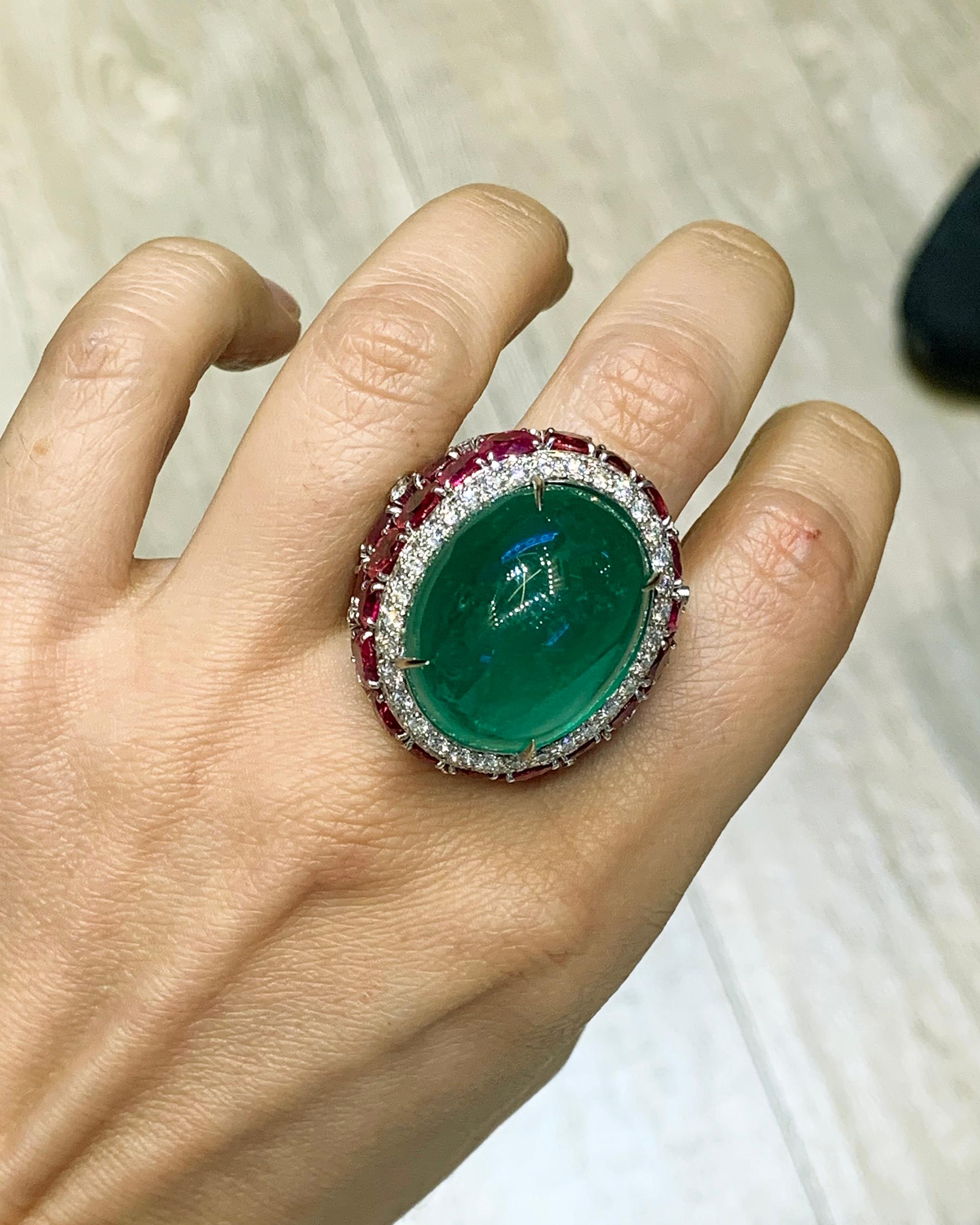 Women's AGL Certified 37 Carat Cabochon Emerald Ruby Cocktail Ring For Sale
