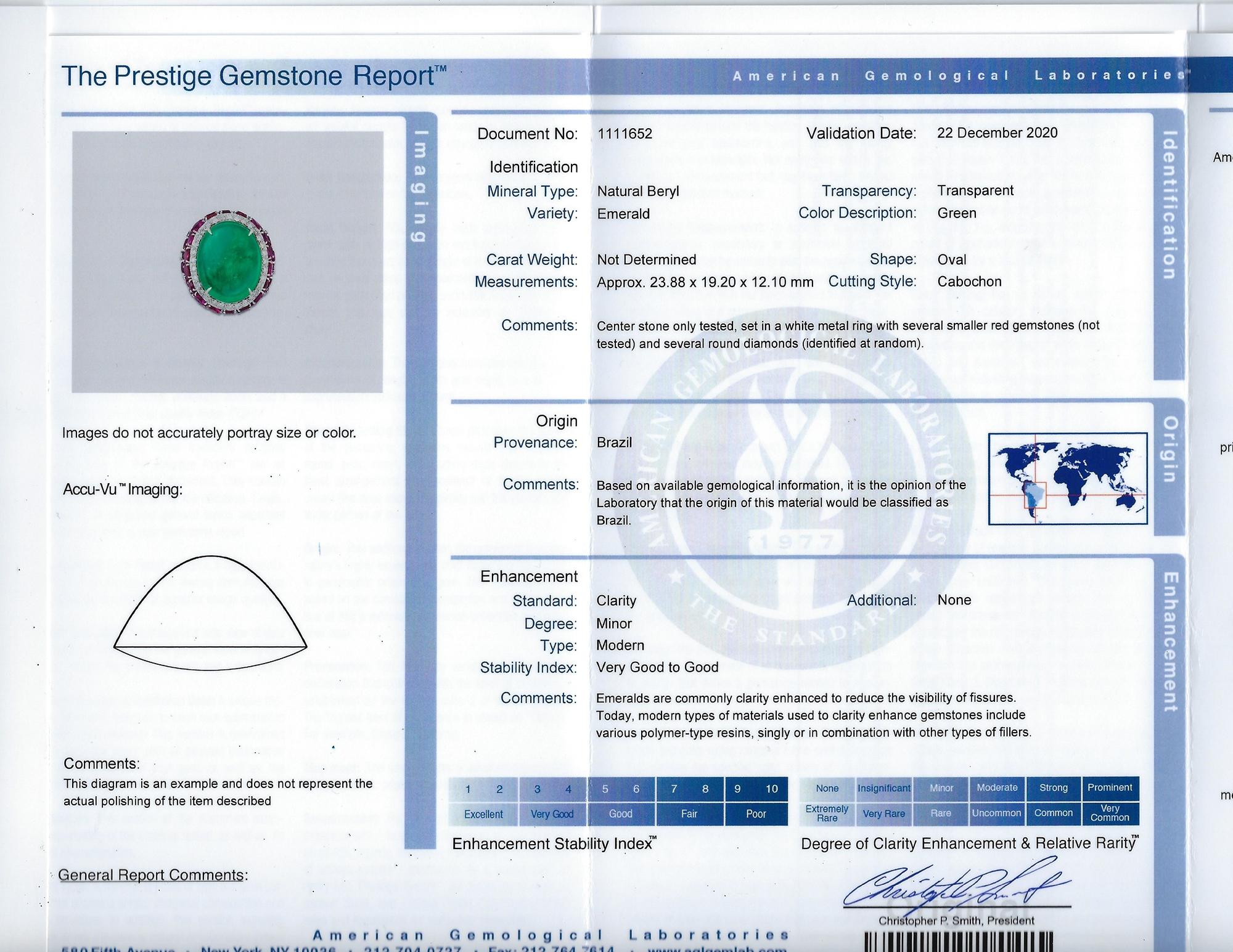 AGL Certified 37 Carat Cabochon Emerald Ruby Cocktail Ring For Sale 1