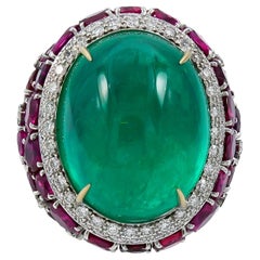 AGL Certified 37 Carat Cabochon Emerald Ruby Cocktail Ring