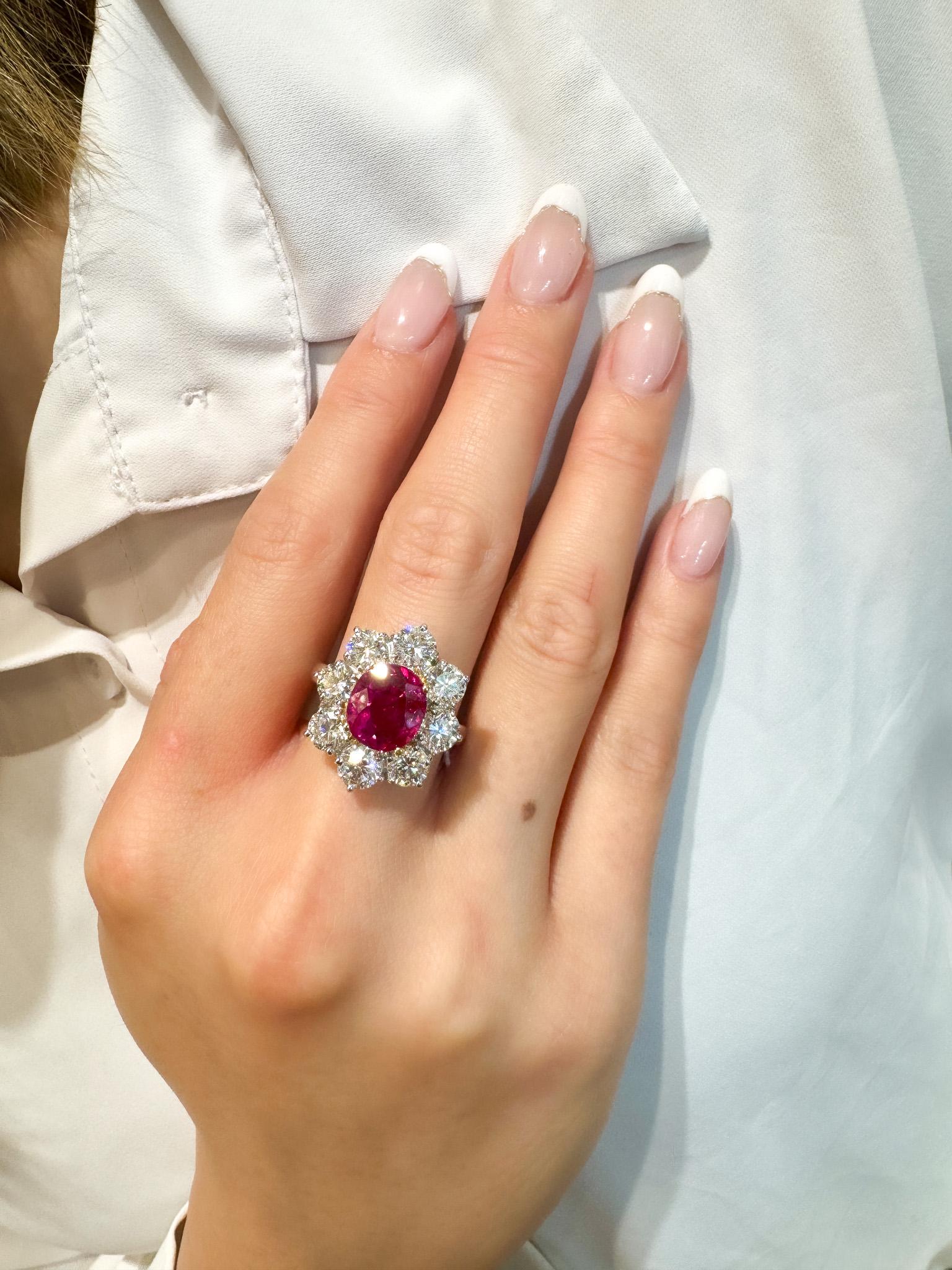 AGL Certified 3.8 Carat Oval No Heat Burma Ruby Ring & Diamond Halo in Platinum For Sale 3