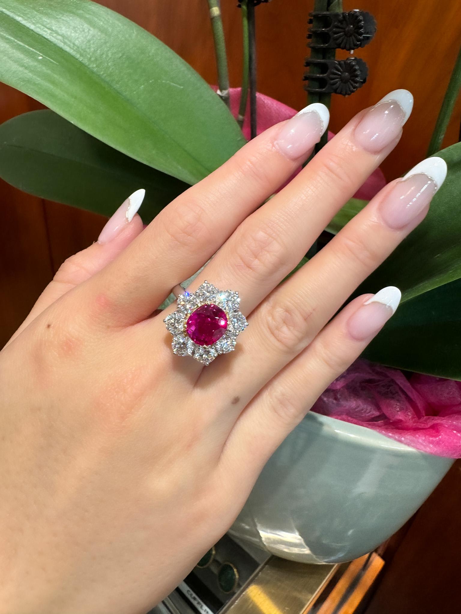 AGL Certified 3.8 Carat Oval No Heat Burma Ruby Ring & Diamond Halo in Platinum For Sale 4