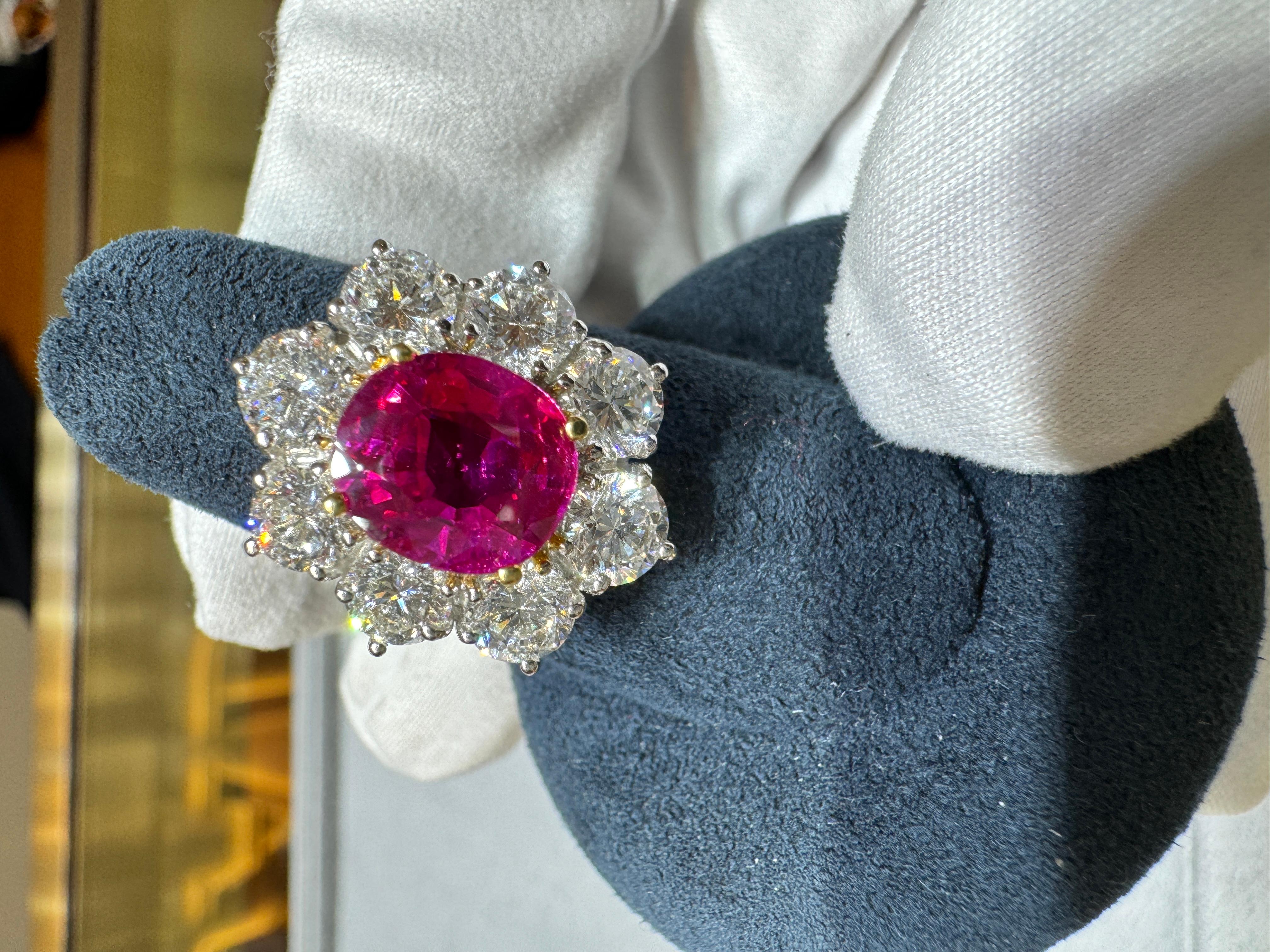 AGL Certified 3.8 Carat Oval No Heat Burma Ruby Ring & Diamond Halo in Platinum For Sale 5