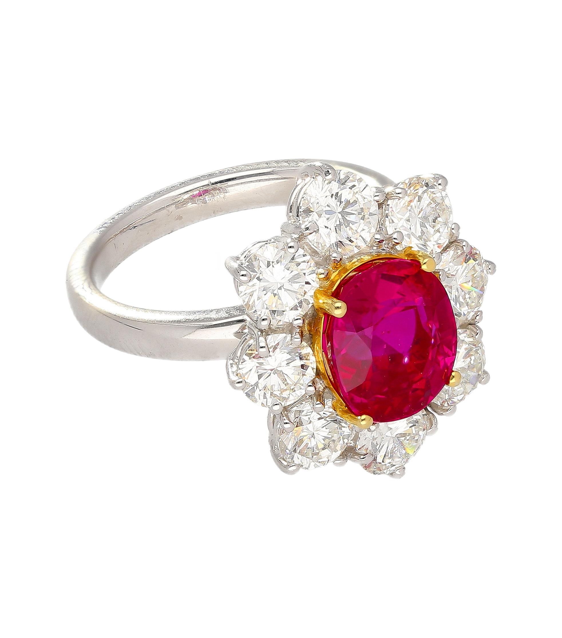 Modern AGL Certified 3.8 Carat Oval No Heat Burma Ruby Ring & Diamond Halo in Platinum For Sale