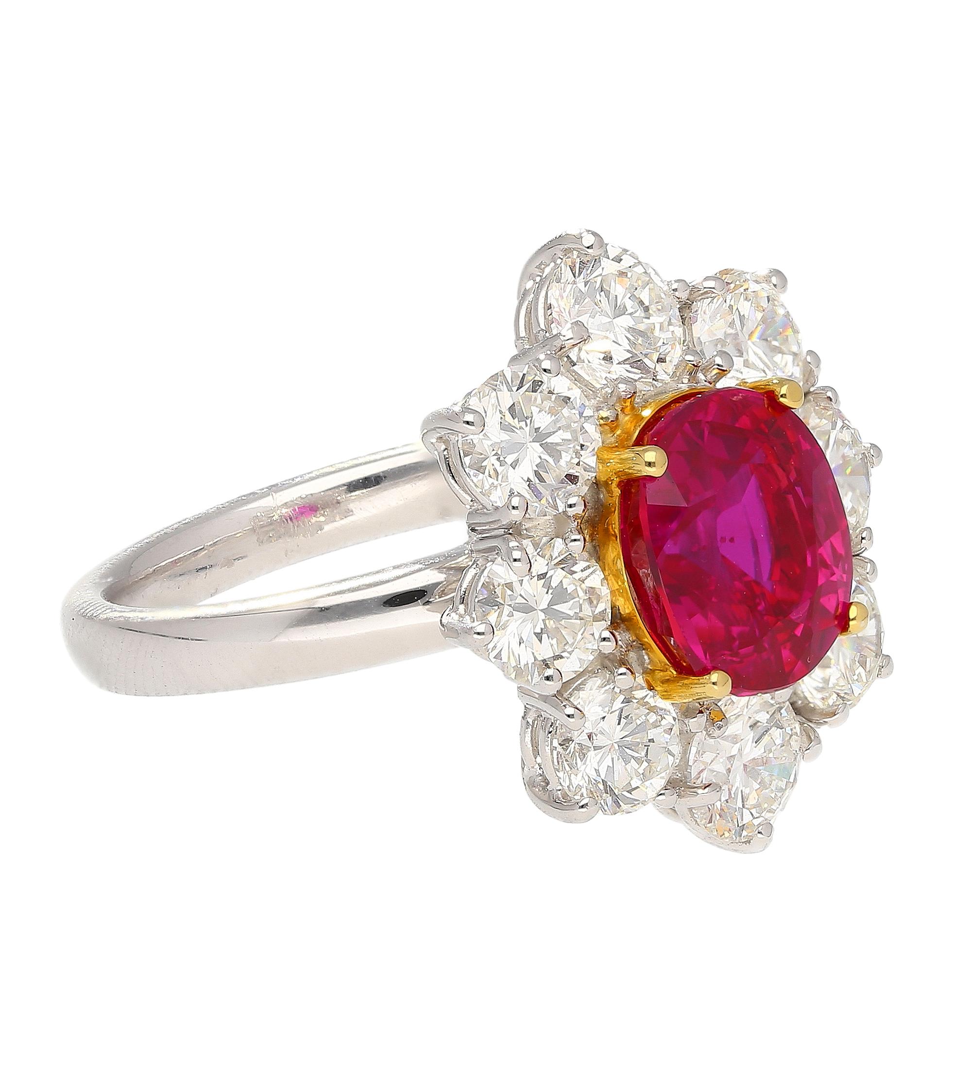 Oval Cut AGL Certified 3.8 Carat Oval No Heat Burma Ruby Ring & Diamond Halo in Platinum For Sale