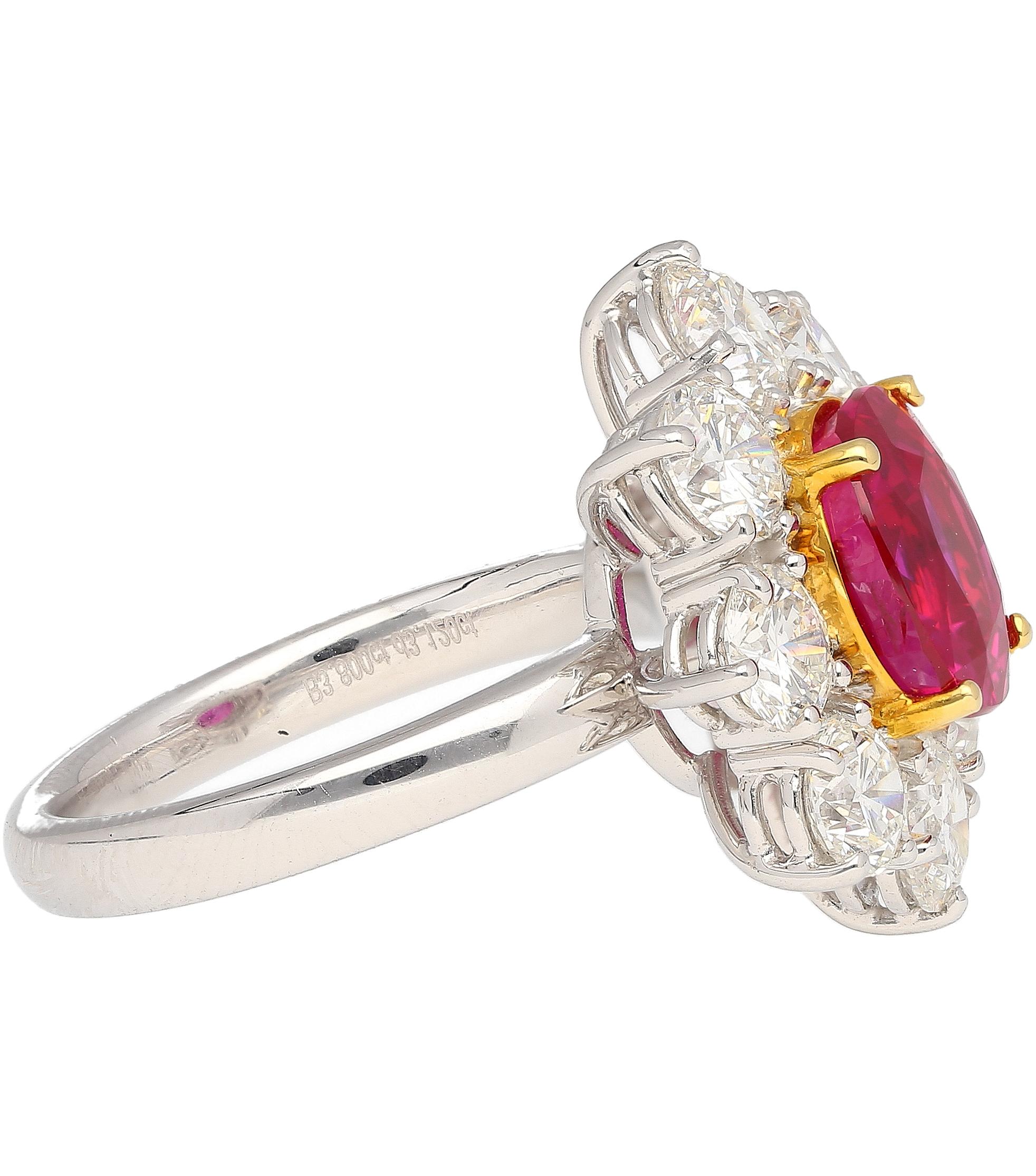 AGL Certified 3.8 Carat Oval No Heat Burma Ruby Ring & Diamond Halo in Platinum In New Condition For Sale In Miami, FL