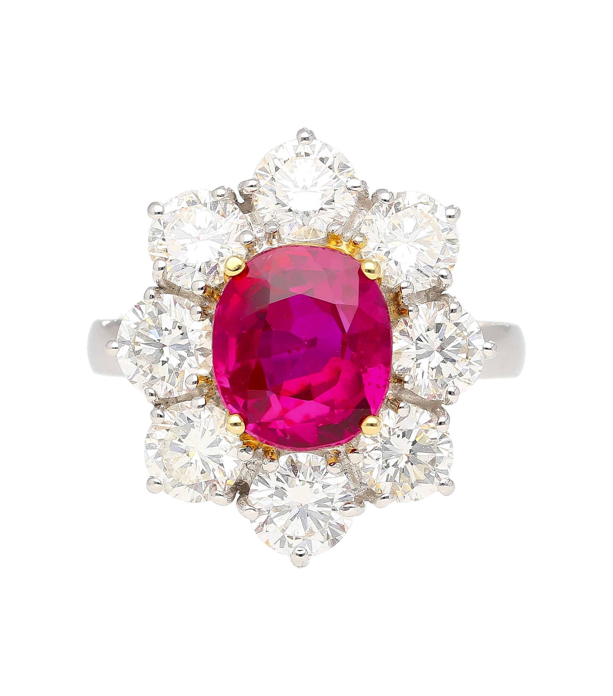 Women's AGL Certified 3.8 Carat Oval No Heat Burma Ruby Ring & Diamond Halo in Platinum For Sale