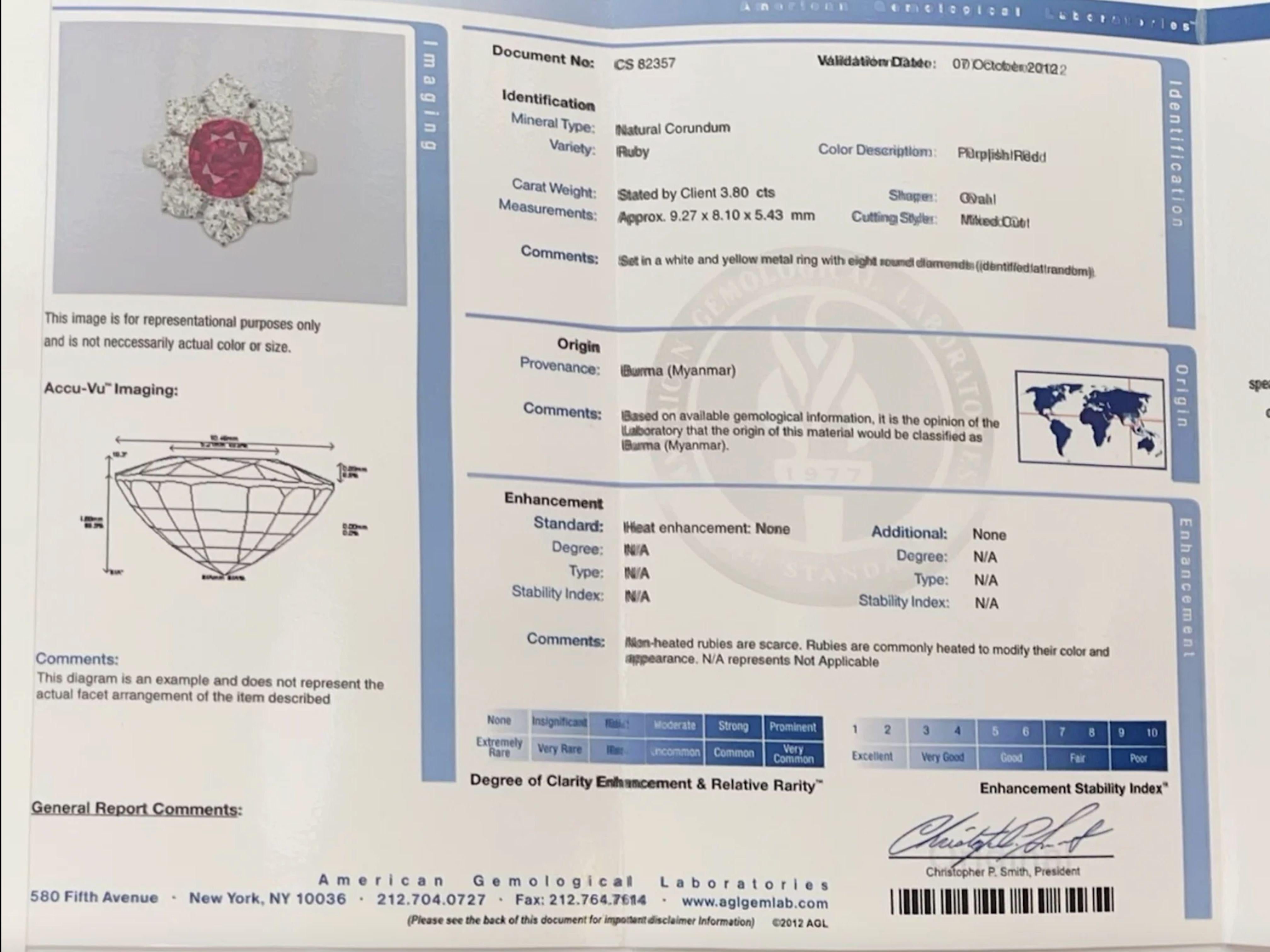 AGL Certified 3.8 Carat Oval No Heat Burma Ruby Ring & Diamond Halo in Platinum For Sale 2
