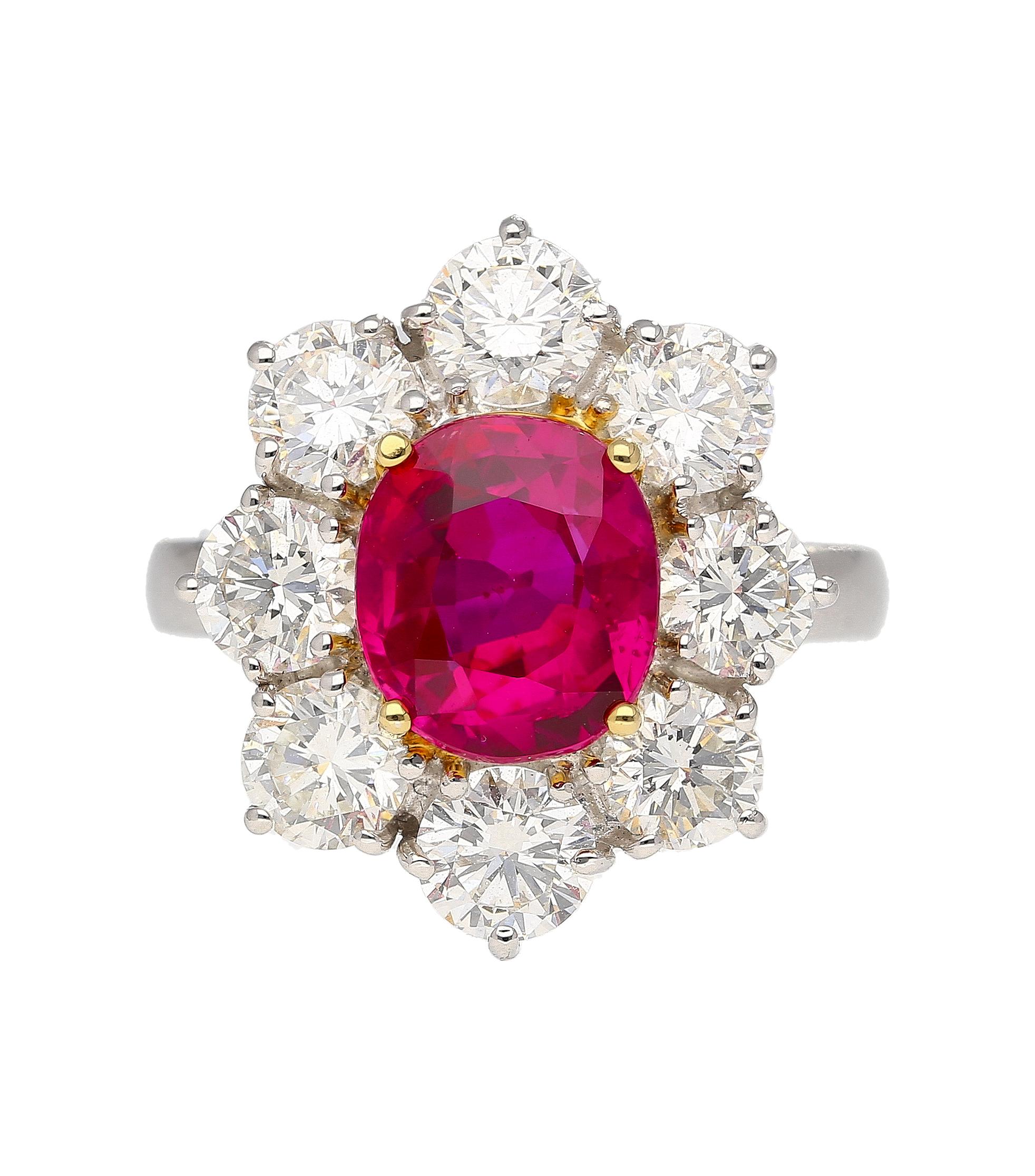 AGL Certified 3.8 Carat Oval No Heat Burma Ruby Ring & Diamond Halo in Platinum For Sale