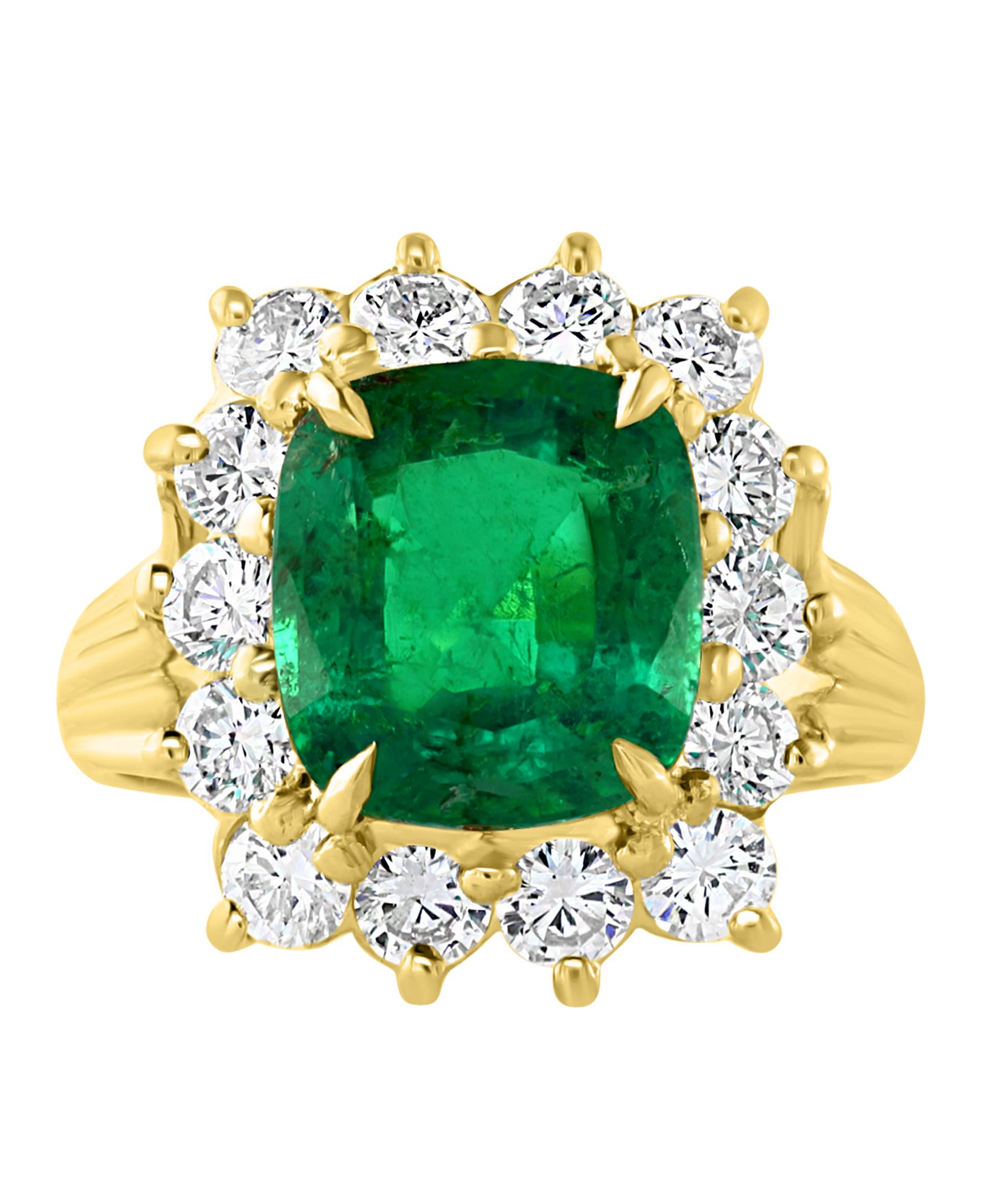 Cushion Cut AGL Certified 3.85 Ct Colombian Minor Traditional Emerald & Diamond Ring 18KYG For Sale