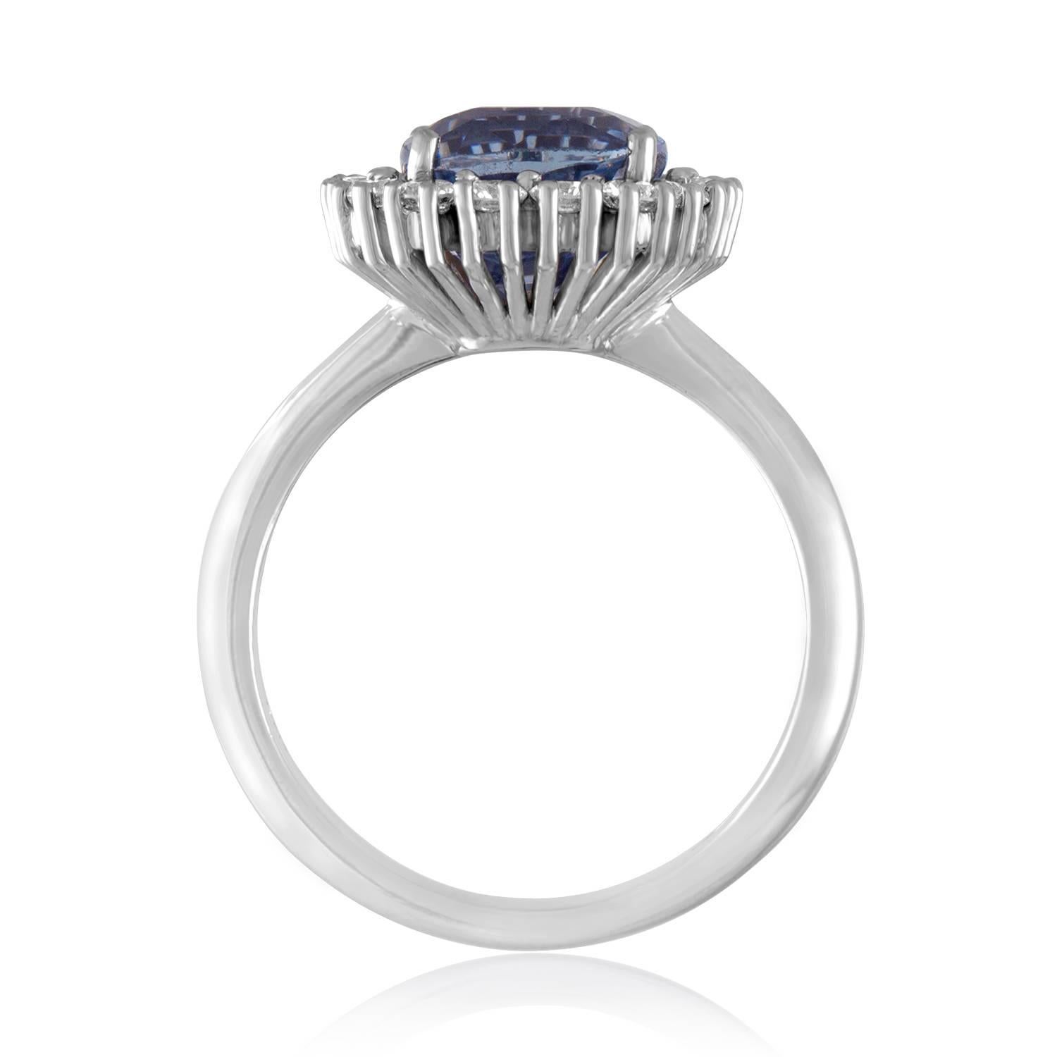 Contemporary AGL Certified 3.97 Carat No Heat Cushion Blue Violet Sapphire Diamond Gold Ring For Sale