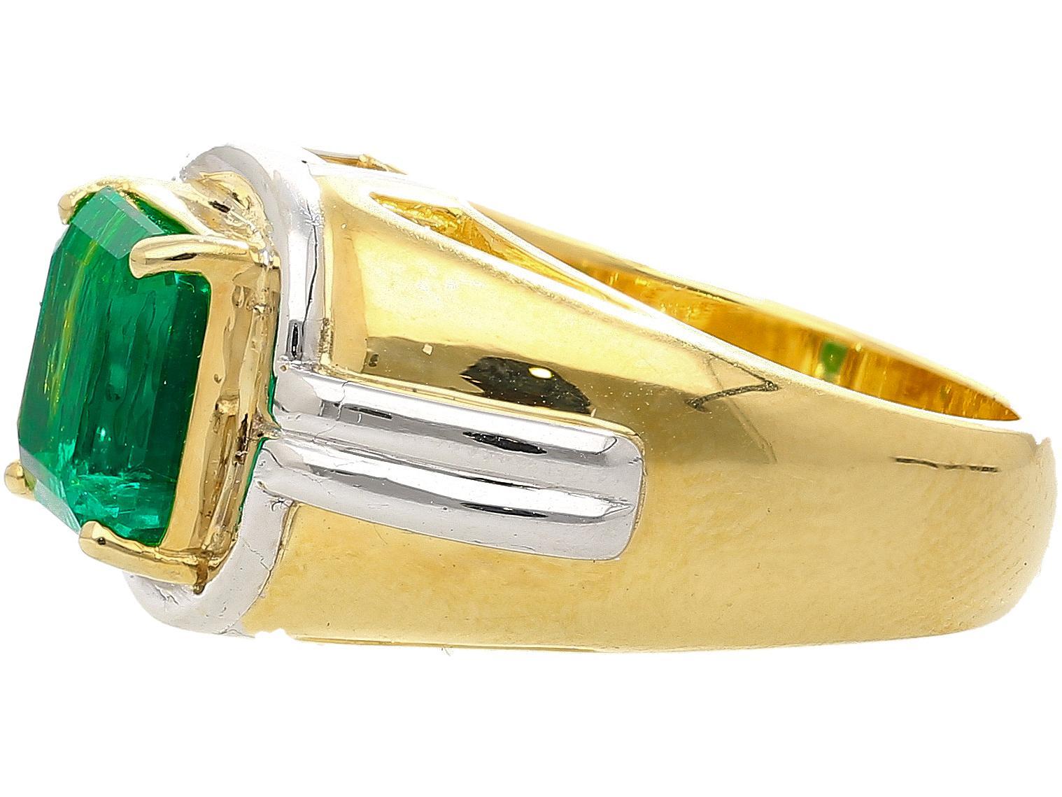 Emerald Cut AGL Certified 3.98 Carat Colombian Emerald 18K Gold Platinum Mens Ring For Sale