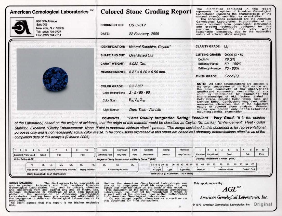 Bague diamant saphir bleu de Ceylan certifié AGL 4,032 carats naturel en vente 3