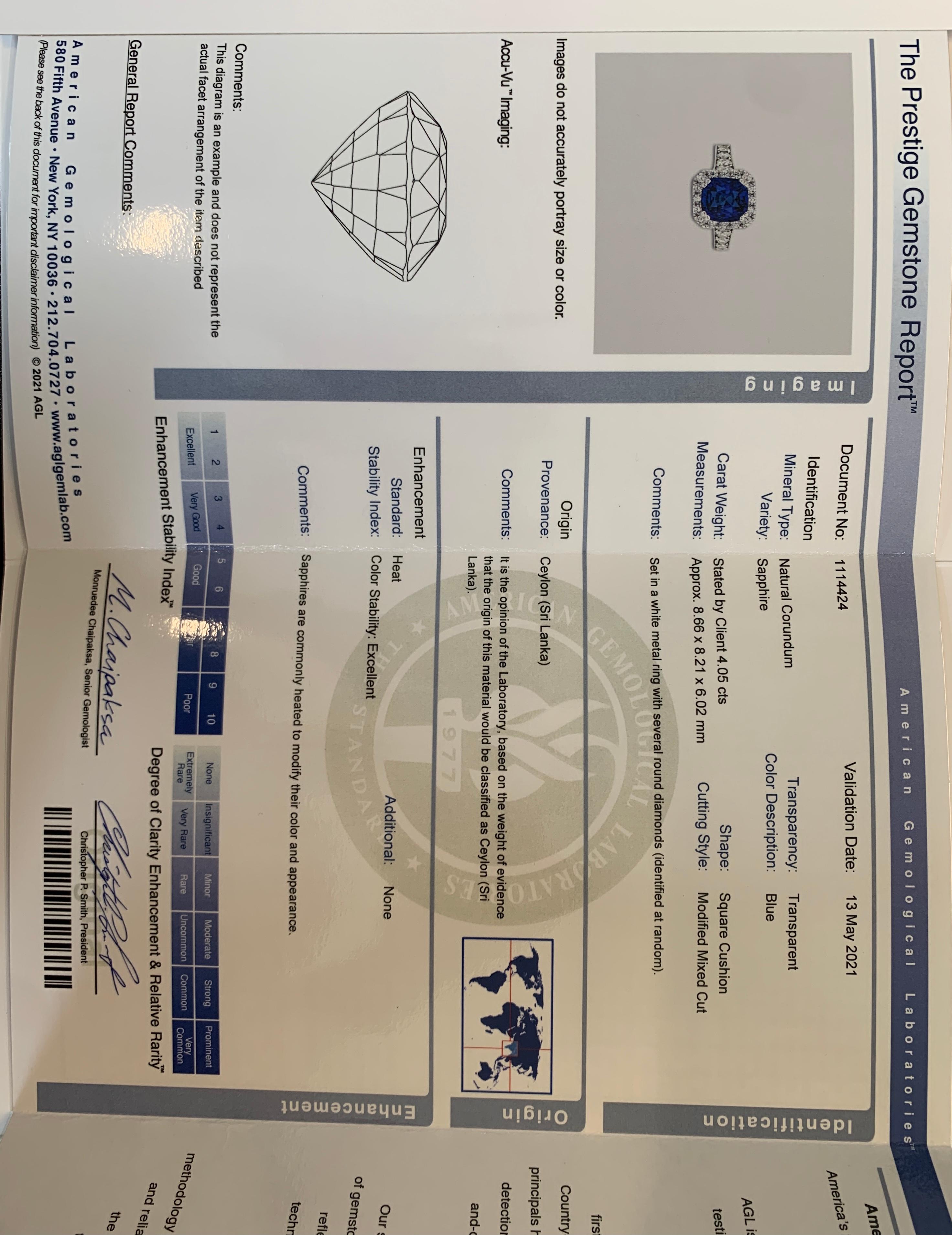 Women's AGL Certified 4.05 Carat Cushion Blue Sapphire & Diamond Ring in 14K Gold