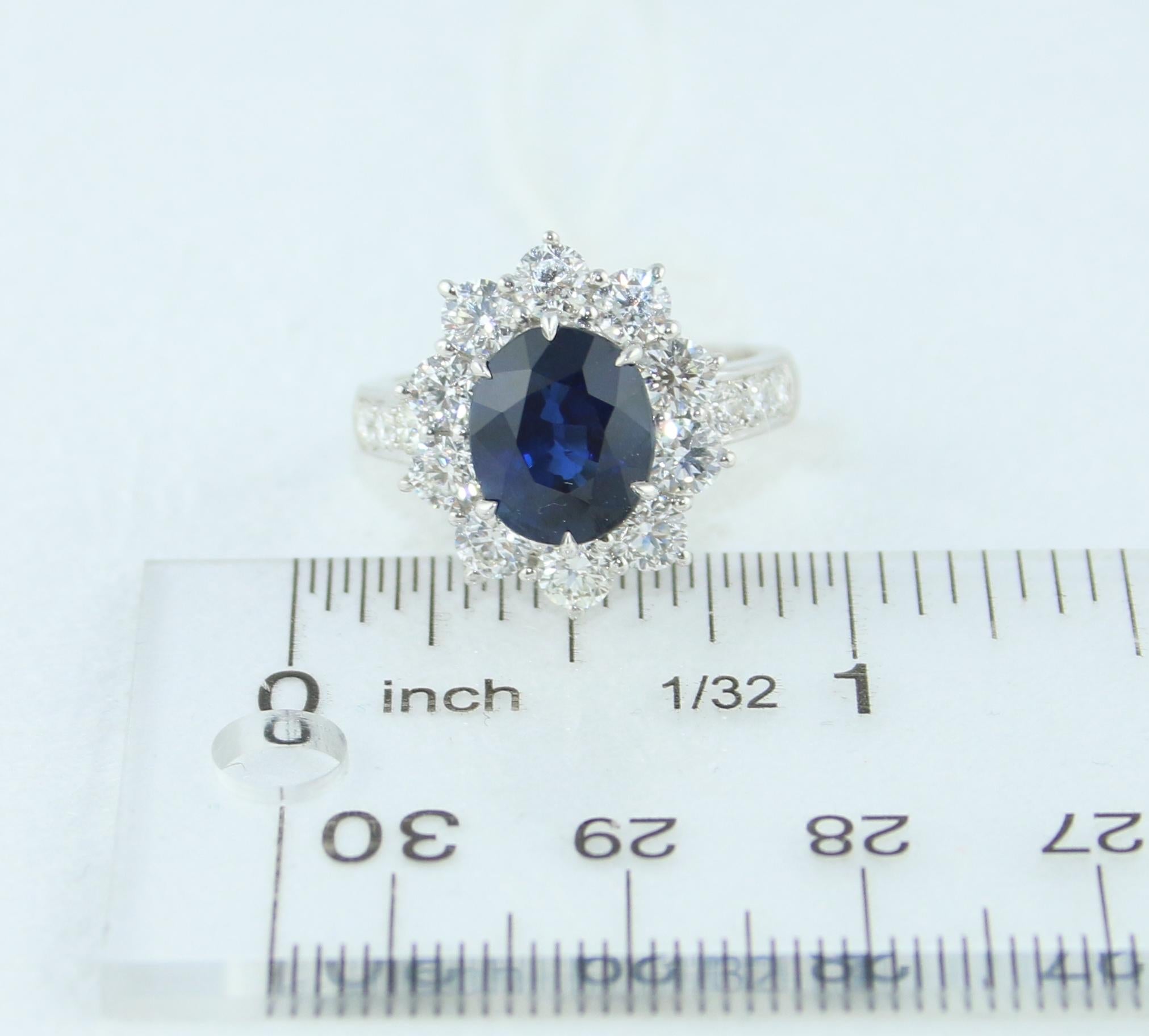 AGL Certified 4.07 Carat No Heat Oval Blue Sapphire Diamond Gold Ring For Sale 5