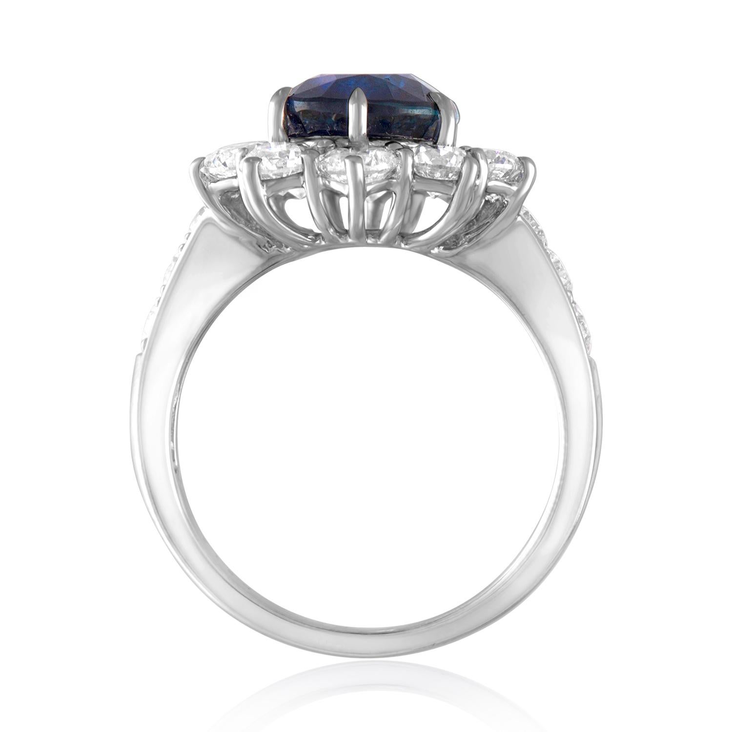 Contemporary AGL Certified 4.07 Carat No Heat Oval Blue Sapphire Diamond Gold Ring For Sale