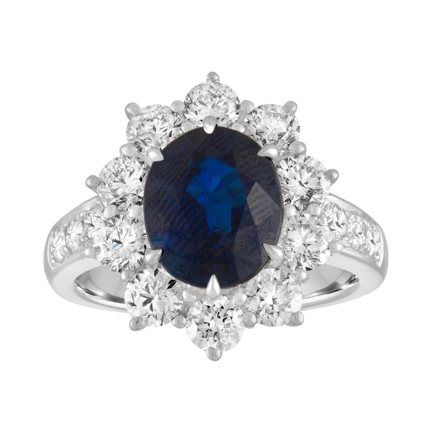 AGL Certified 4.07 Carat No Heat Oval Blue Sapphire Diamond Gold Ring For Sale