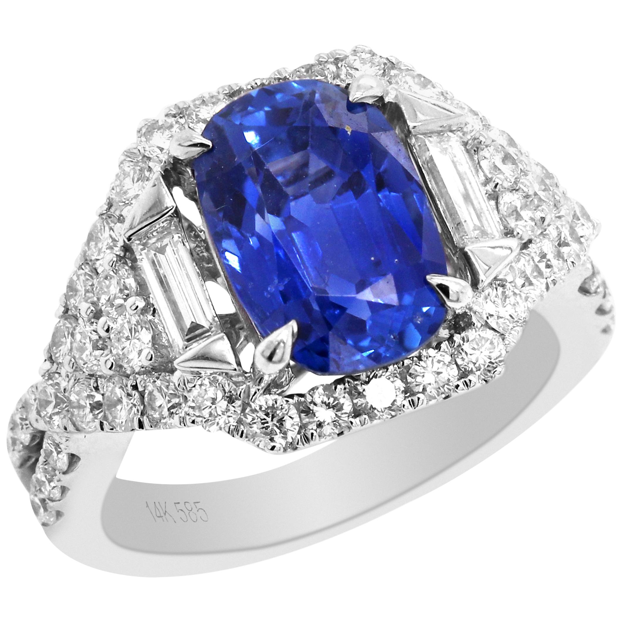Bague en or blanc et saphir bleu et diamant de Ceylan, certifiée AGL, 4,09 carats, non-chauffée