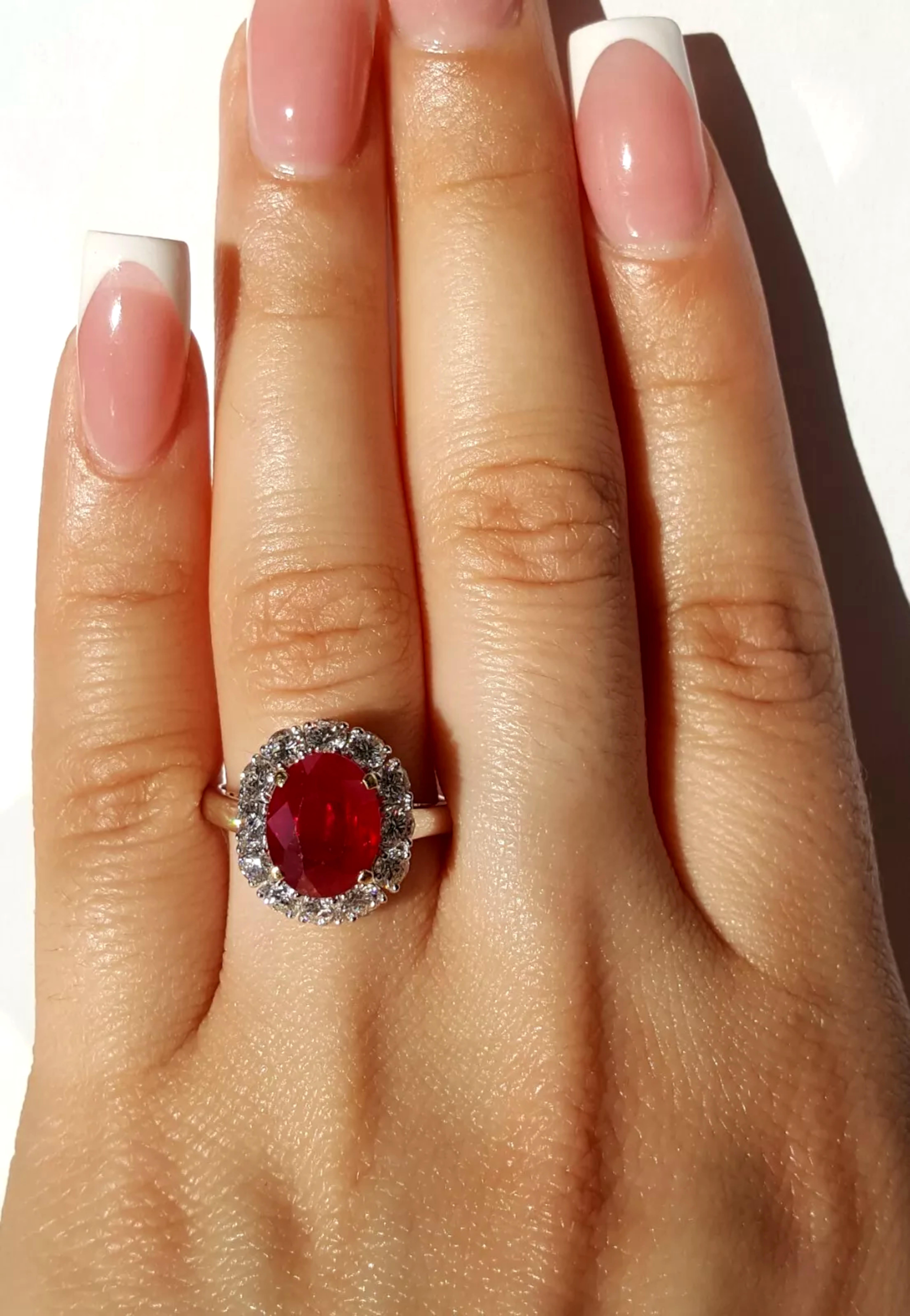 Oval Cut AGL Certified 4.12 Carat Burma Ruby Diamond Ring For Sale