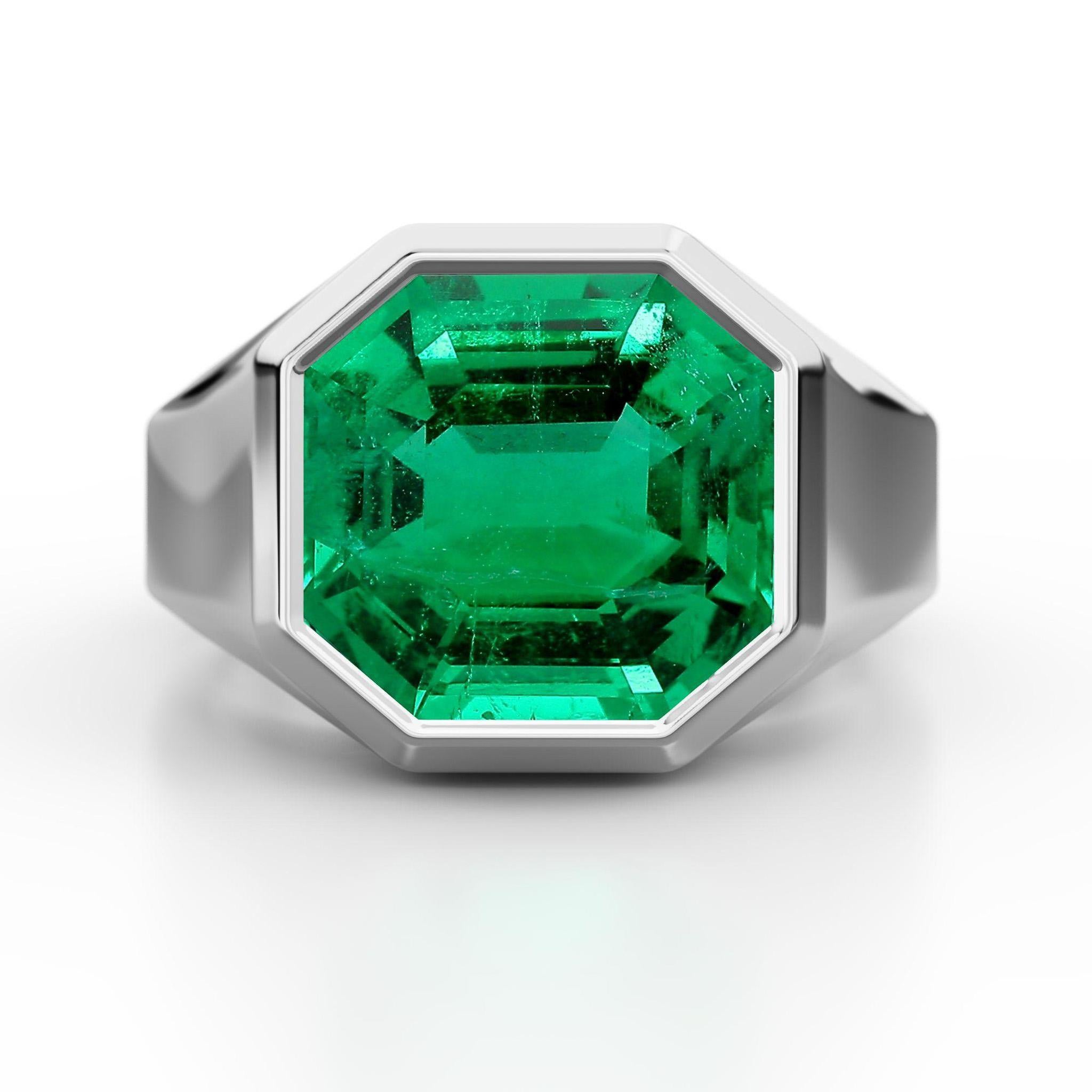 La lunette en or 18 carats sertit une émeraude colombienne octogonale de 4,20 carats. Huile mineure certifiée AGL.

Fabriqué sur commande, disponible dans les tailles de bague 5-12.

Détails
Type d'article : Bague de déclaration
Métal : or blanc ou