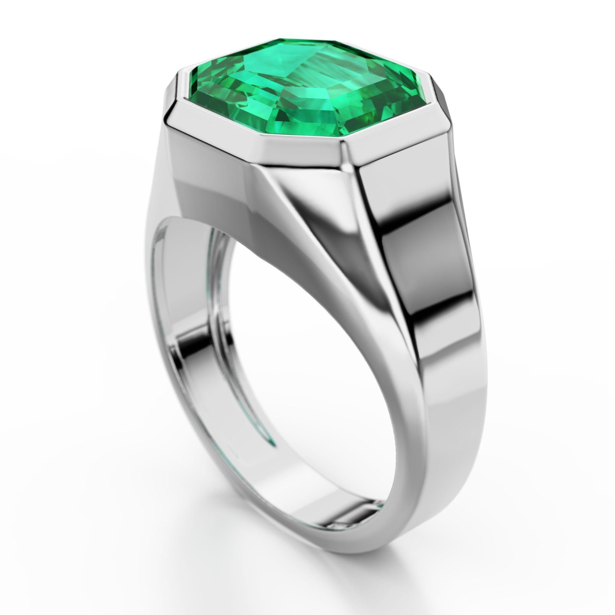 AGL Certified 4.2 Carat Colombian Emerald 18K Gold Octagon Bezel Ring (bague à chaton octogonal en or) en vente 1