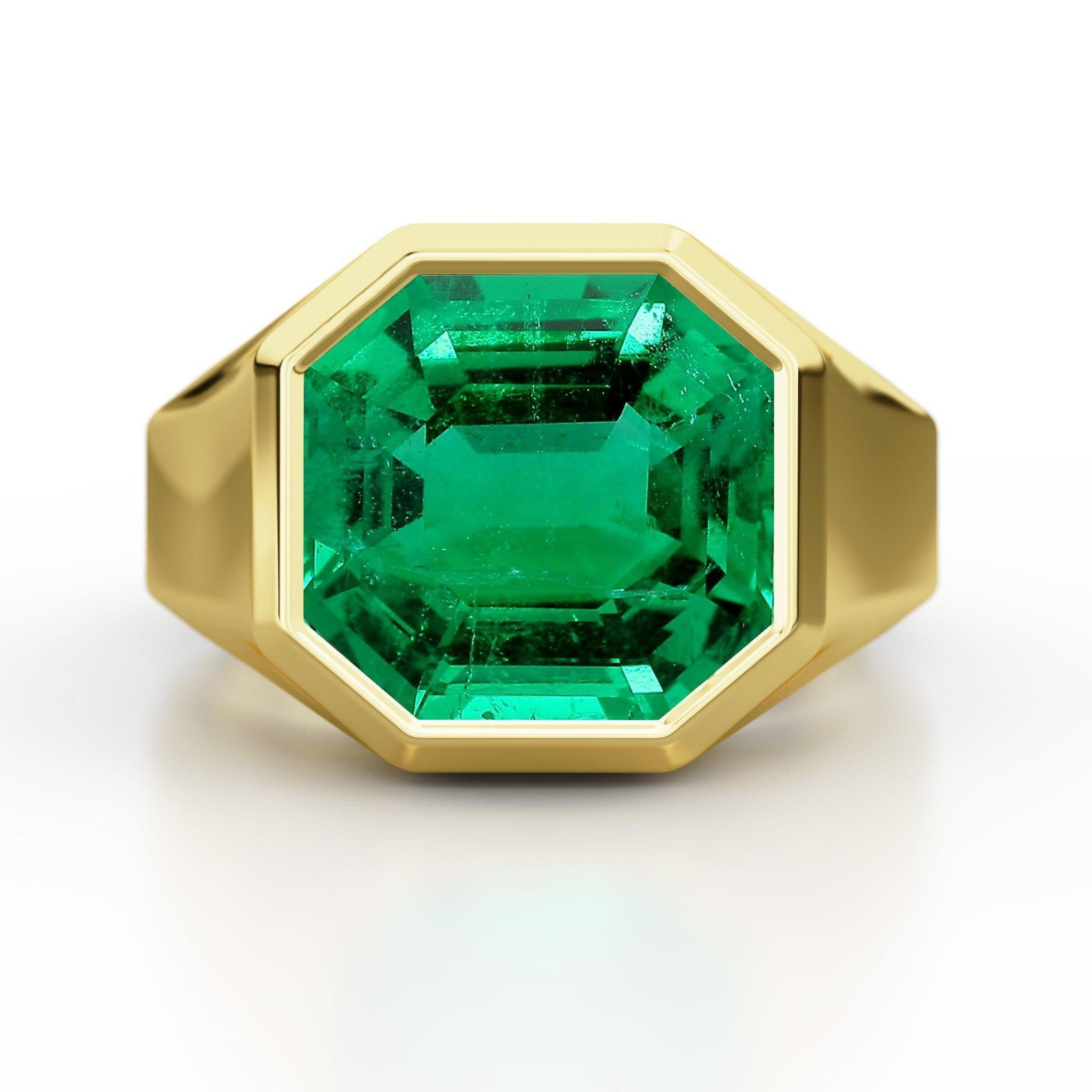 AGL Certified 4.2 Carat Colombian Emerald 18K Gold Octagon Bezel Ring (bague à chaton octogonal en or) en vente 2