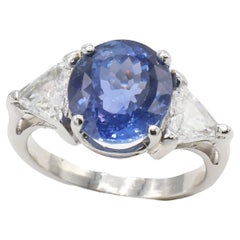 AGL Certified 4.23 Carat Ceylon Blue Sapphire & Diamond 3 Stone Platinum Ring 