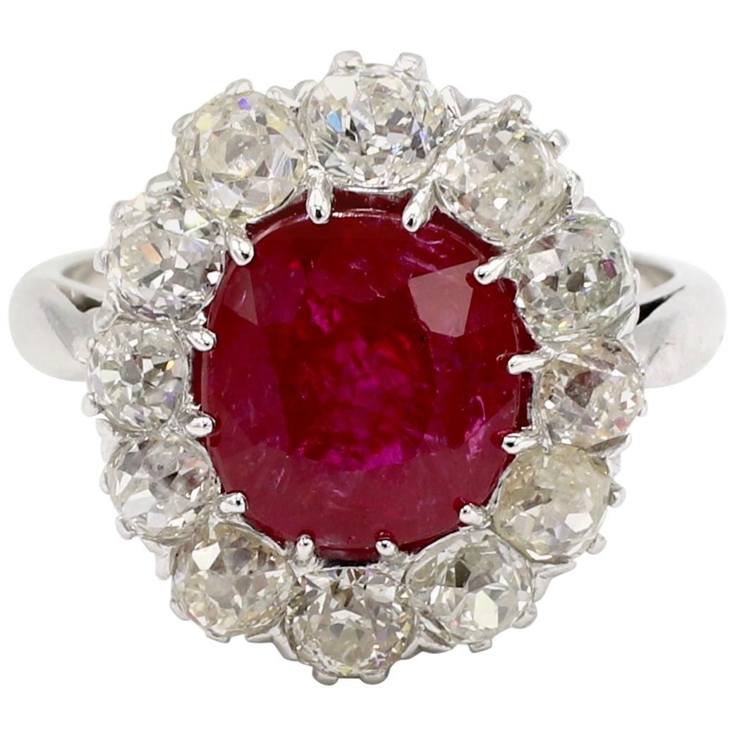 AGL Certified 4.30 Carat Burma Ruby and Mine Cut Diamond Ring