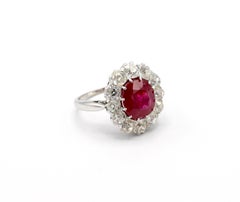 AGL Certified 4.30 Carat Burma Ruby and Mine Cut Diamond Ring