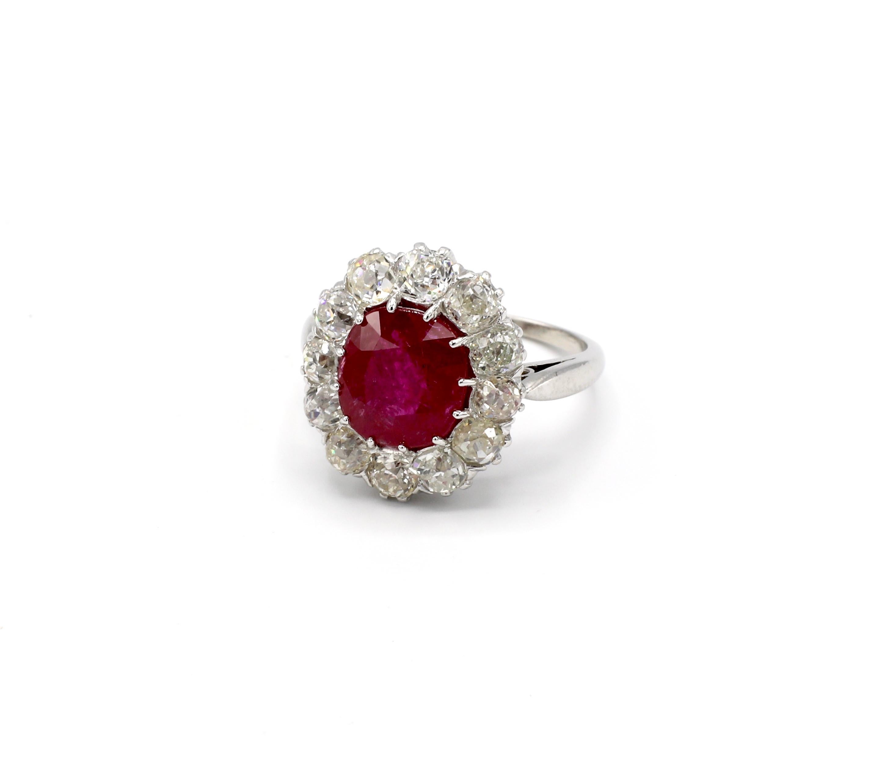 Art Deco AGL Certified 4.30 Carat Burma Ruby and Mine Cut Diamond Ring
