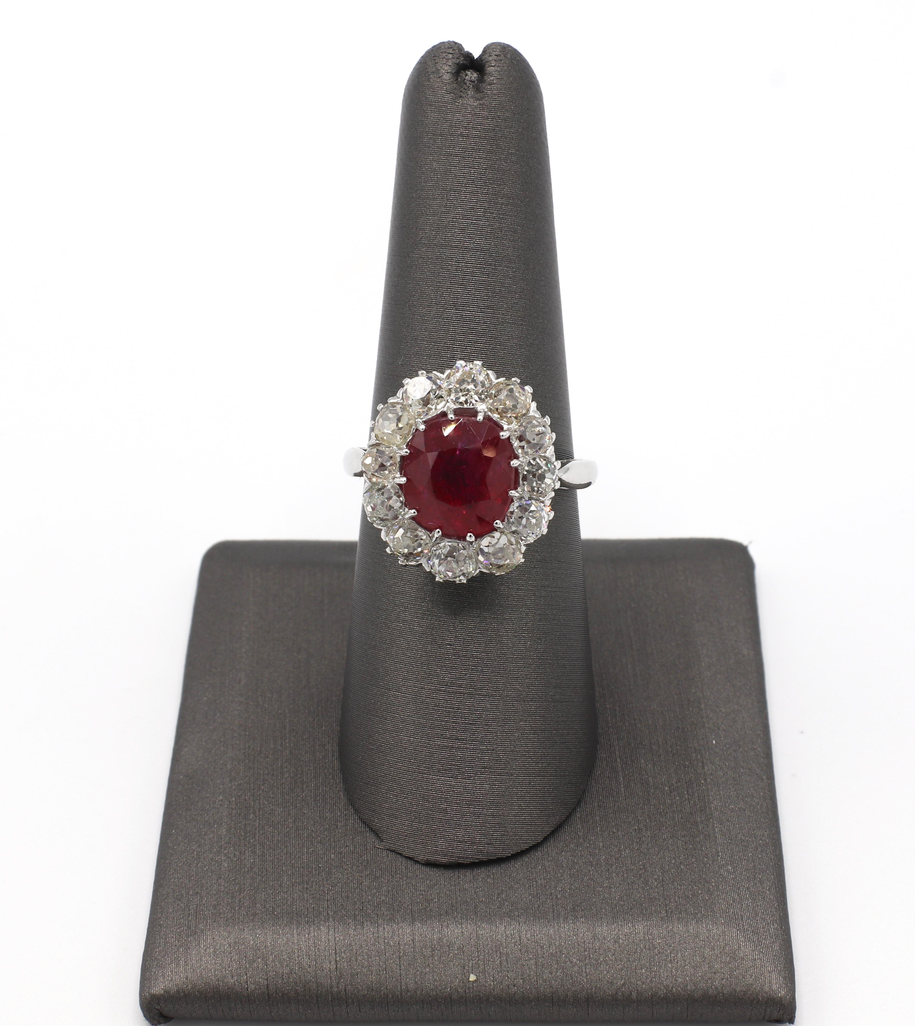 AGL Certified 4.30 Carat Burma Ruby and Mine Cut Diamond Ring In Good Condition In  Baltimore, MD