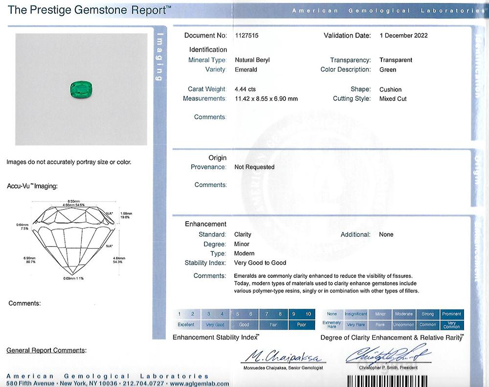 Taglio cuscino AGL Certified 4.40 Cushion GREEN Emerald Minor Oil Diamond Platinum Ring in vendita
