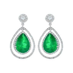 AGL Certified 4.45 Carat Total Pear Shape Emerald & Diamond Earrings in 18K Gold