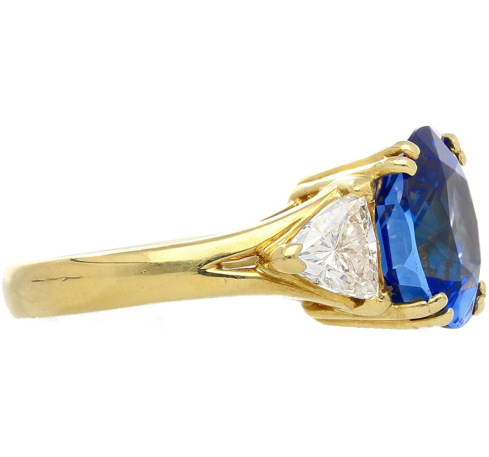 Women's AGL Certified 4.49 Carat Burma No Heat Blue Sapphire and Diamond 3 Stone Ring For Sale