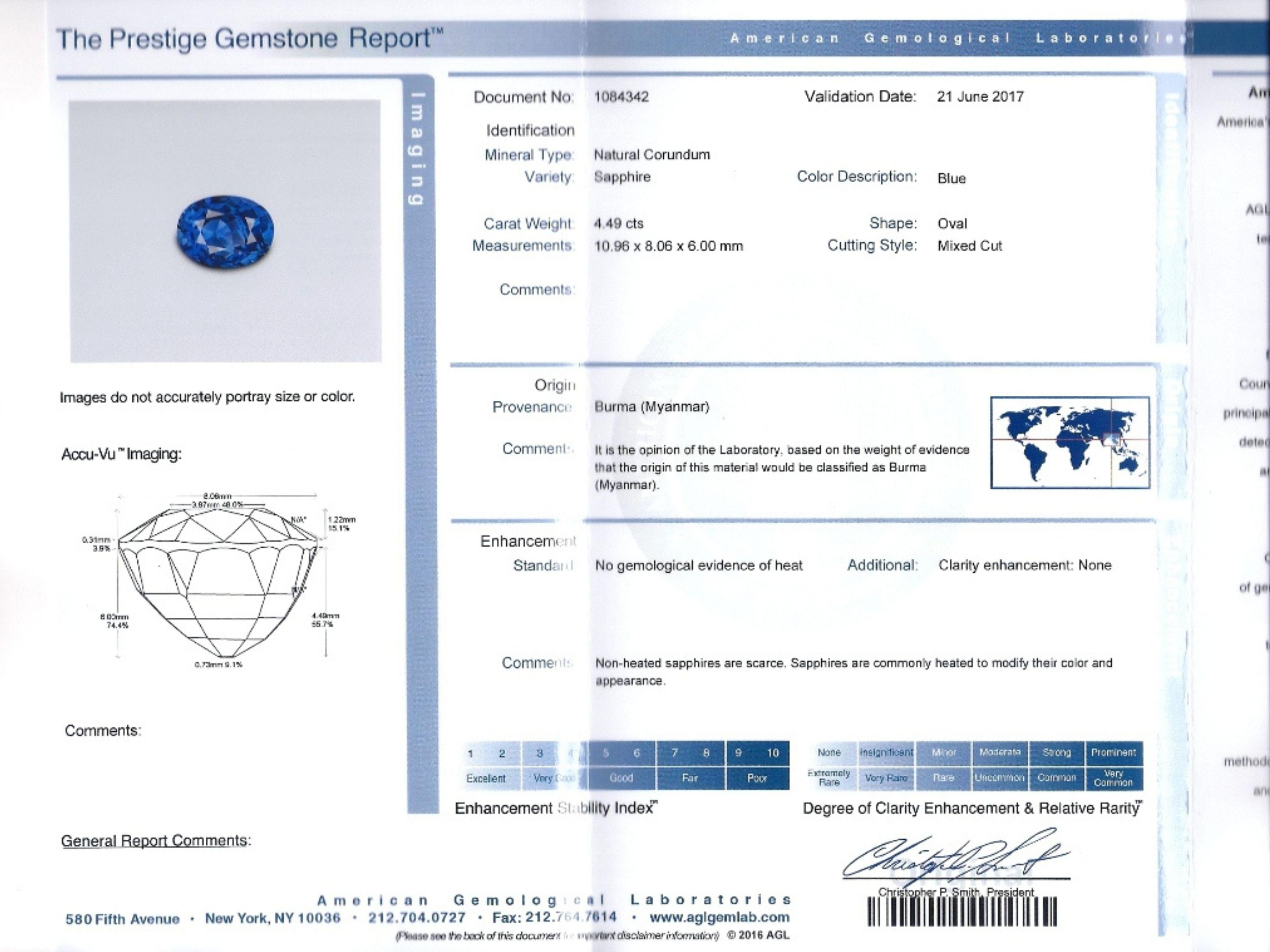 AGL Certified 4.49 Carat Burma No Heat Blue Sapphire and Diamond 3 Stone Ring For Sale 4