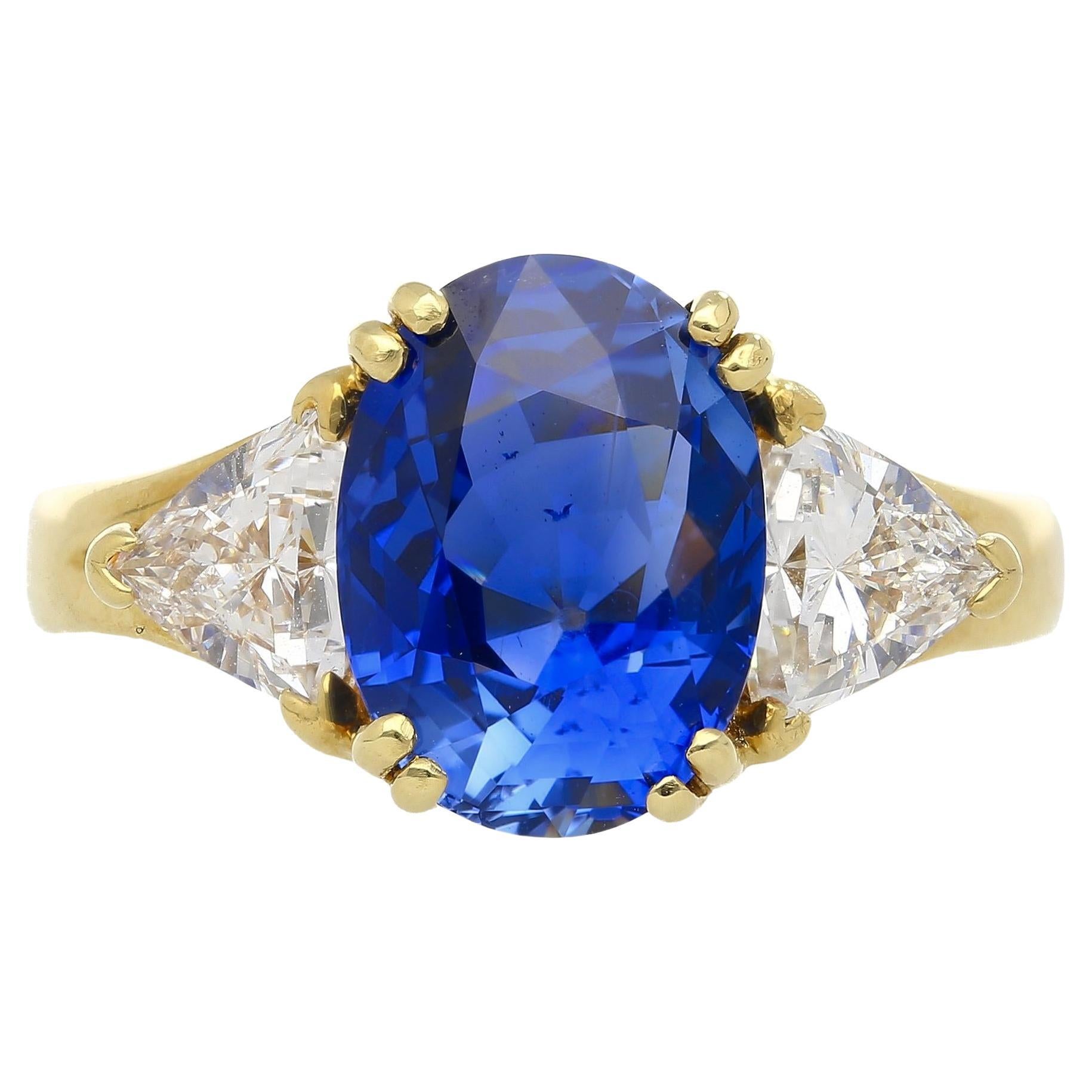 AGL Certified 4.49 Carat Burma No Heat Blue Sapphire and Diamond 3 Stone Ring