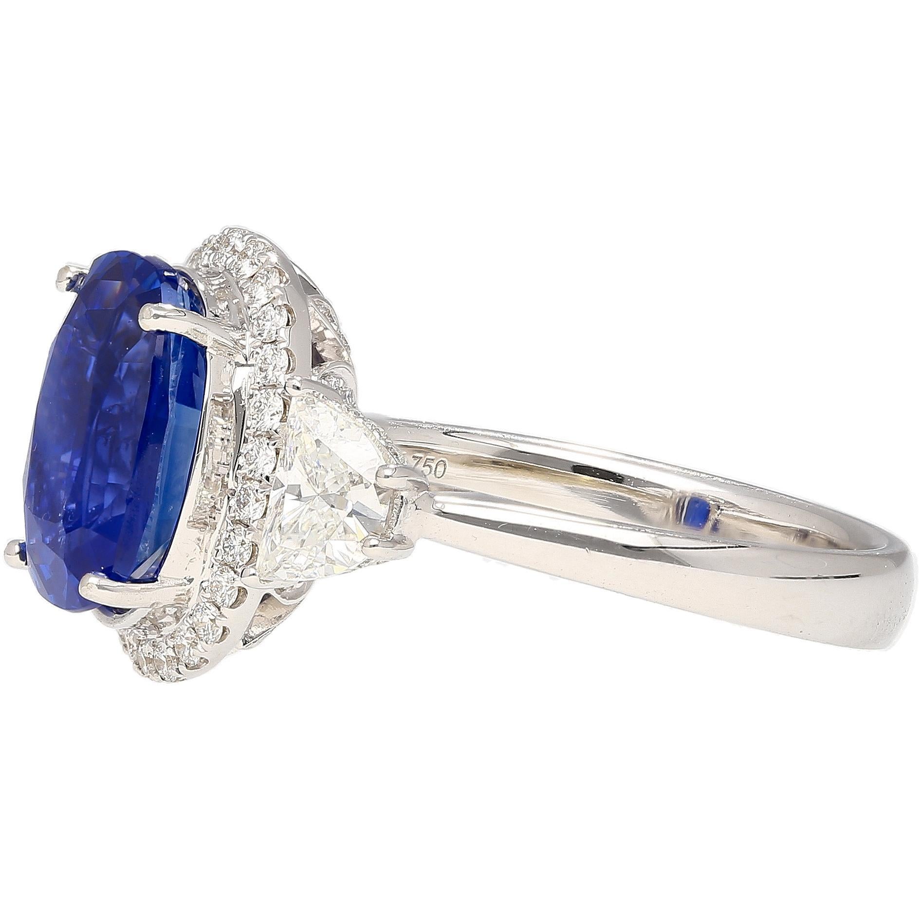 Oval Cut AGL Certified 4.49 Carat No Heat Burma Sapphire & Half Moon Diamond Ring For Sale
