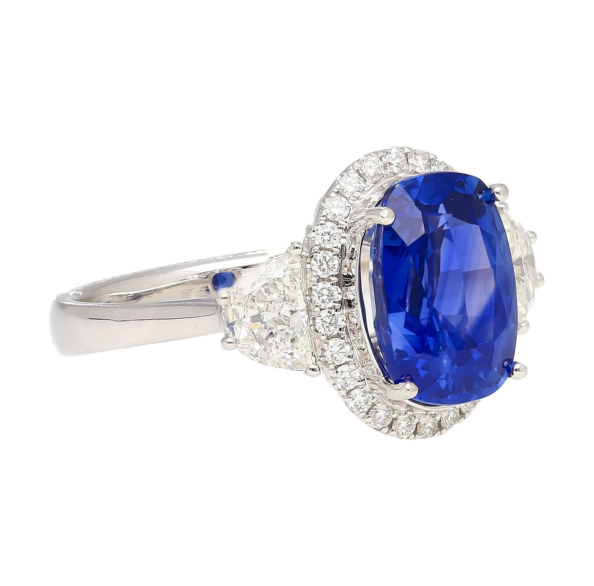 Women's AGL Certified 4.49 Carat No Heat Burma Sapphire & Half Moon Diamond Ring For Sale