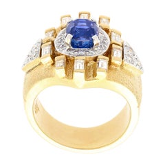 AGL Certified 4.5 Carat Blue Sapphire & Baguette Diamond Mens Matte Finish Ring