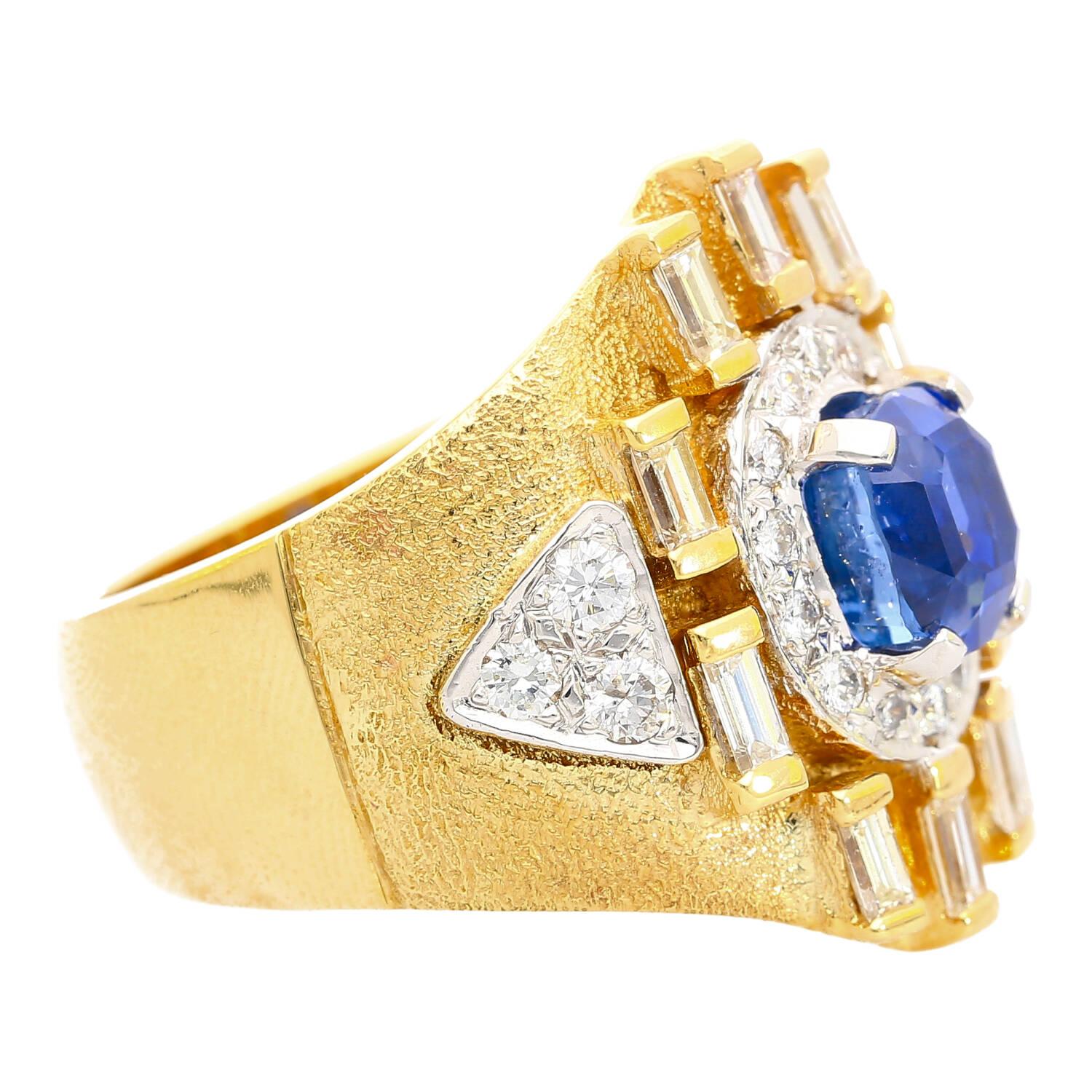 Art Deco AGL Certified 4.5 Carat Blue Sapphire & Baguette Diamond Mens Matte Finish Ring For Sale