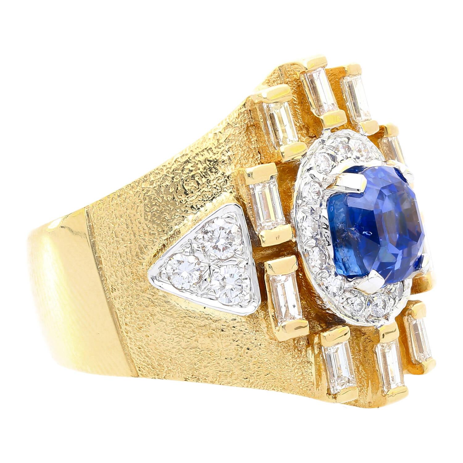 Oval Cut AGL Certified 4.5 Carat Blue Sapphire & Baguette Diamond Mens Matte Finish Ring For Sale
