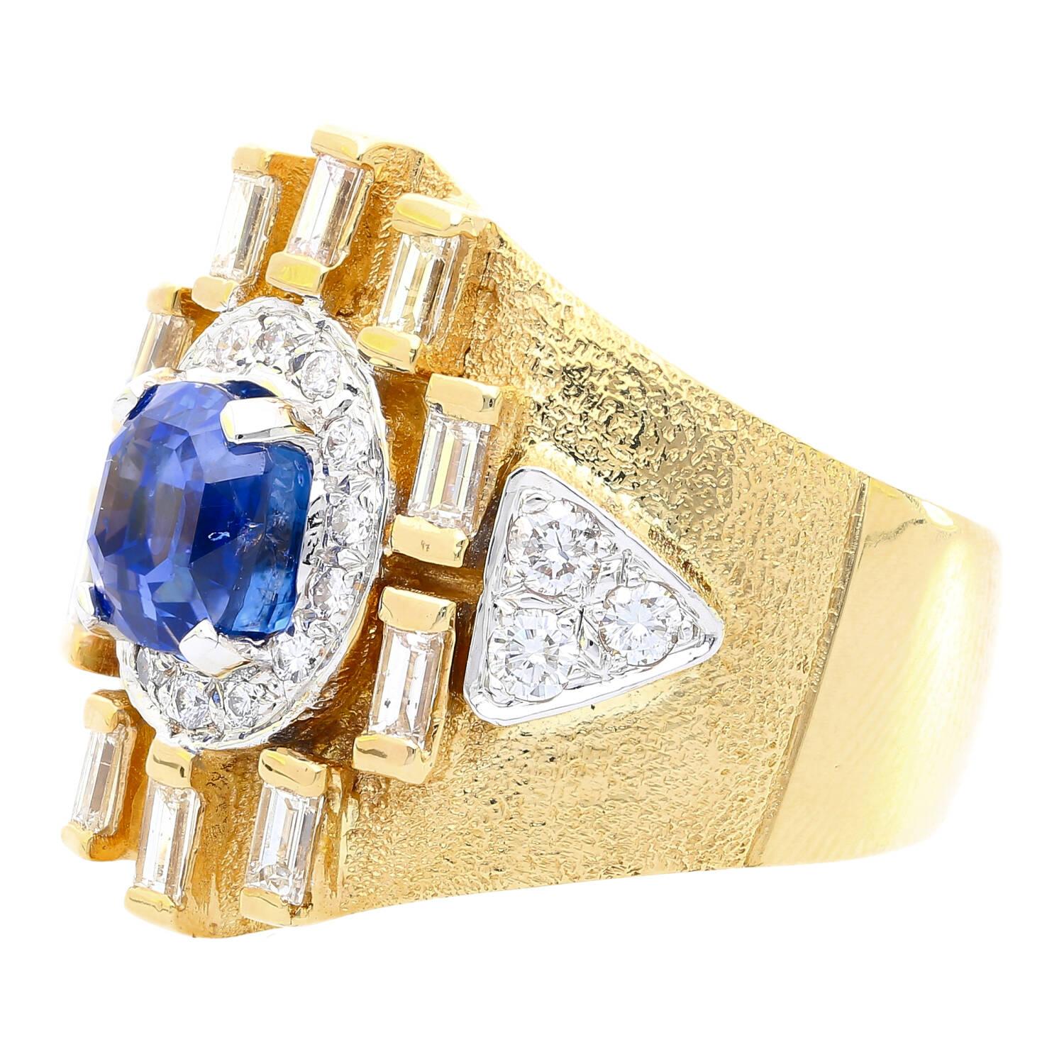 AGL Certified 4.5 Carat Blue Sapphire & Baguette Diamond Mens Matte Finish Ring In New Condition For Sale In Miami, FL