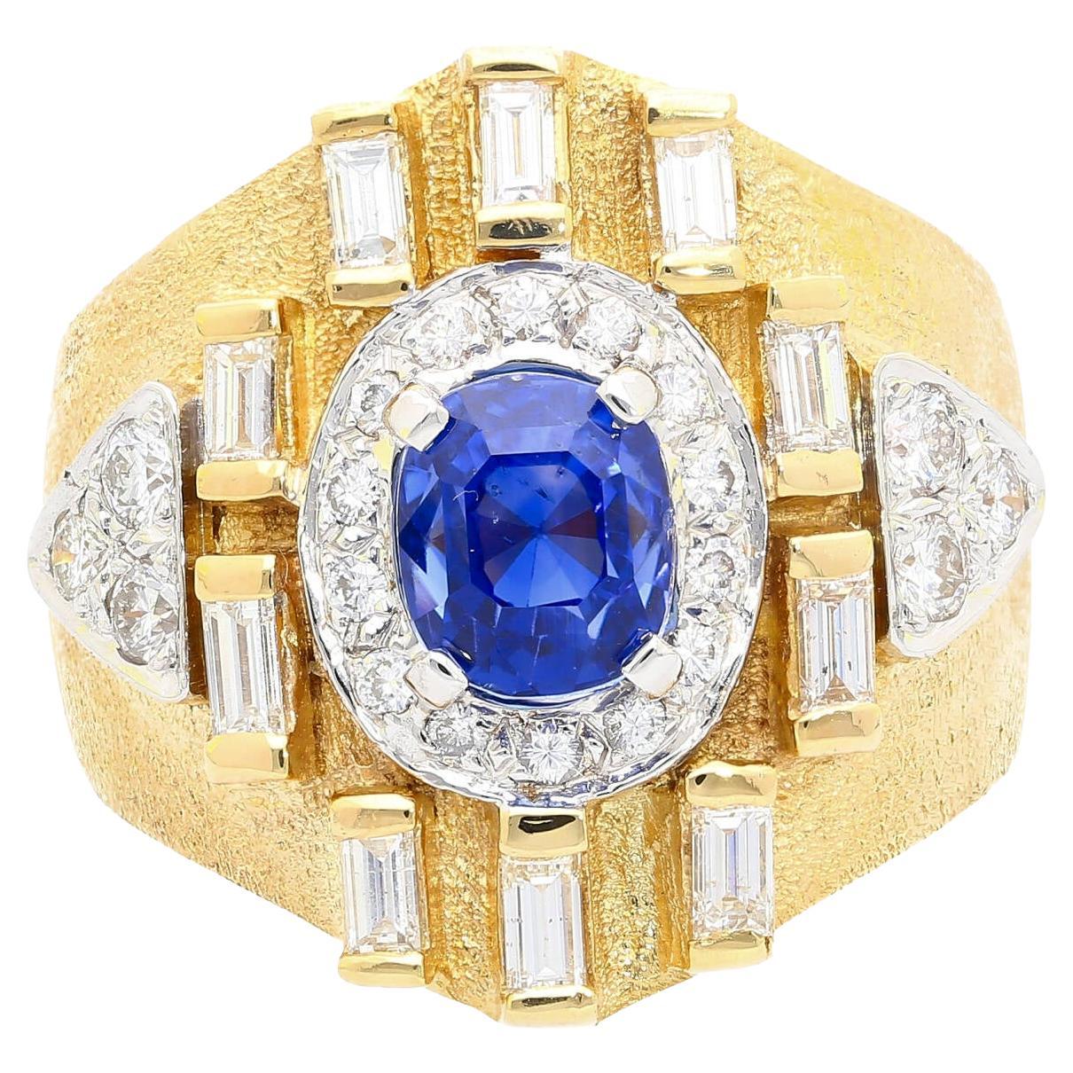 AGL Certified 4.5 Carat Blue Sapphire & Baguette Diamond Mens Matte Finish Ring