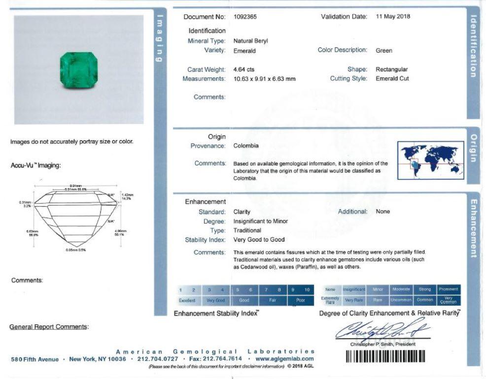 AGL Certified 4.64 Carat Colombian Emerald Ring in Platinum w 0.96 Diamond ctw In Excellent Condition In Carmel, IN